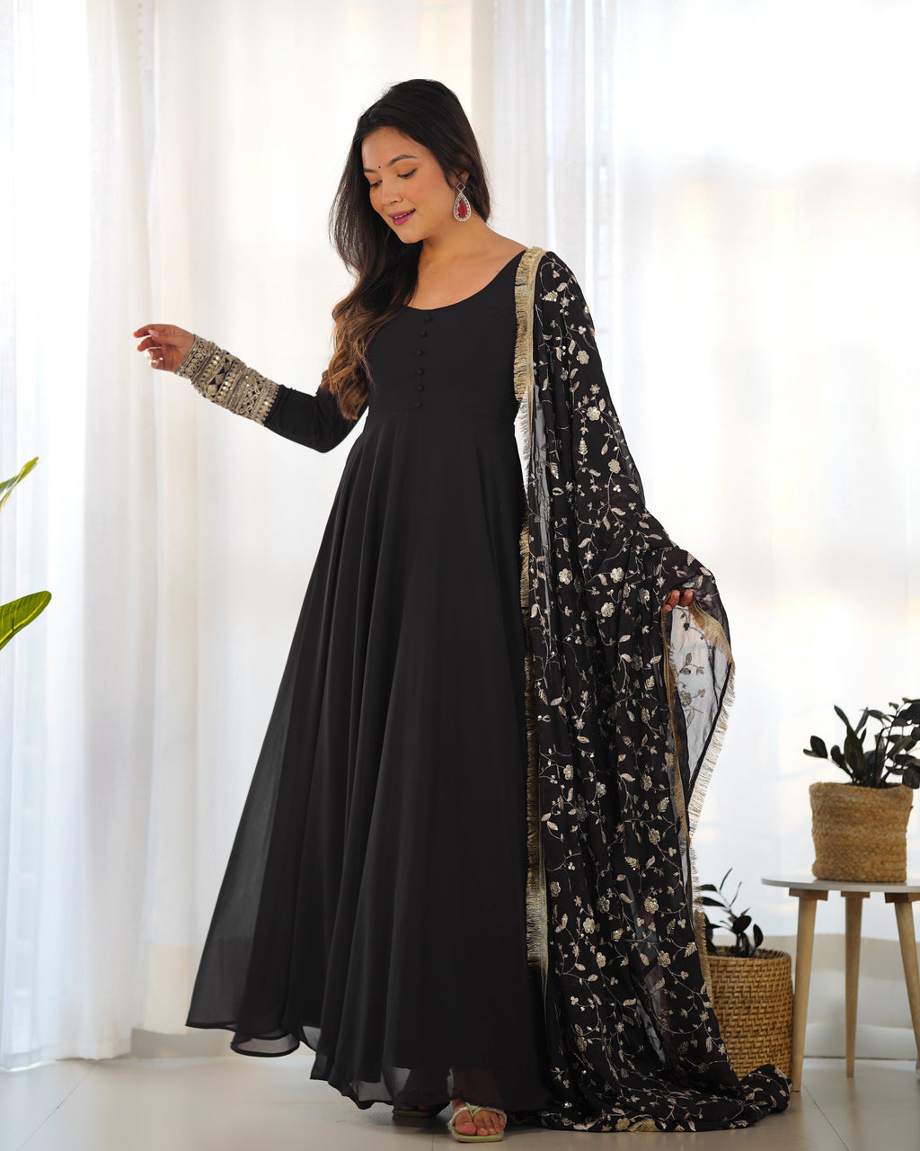 Black Pure Soft Georgette Anarkali Suit Set with Huge Flair & Dupatta for Festivals