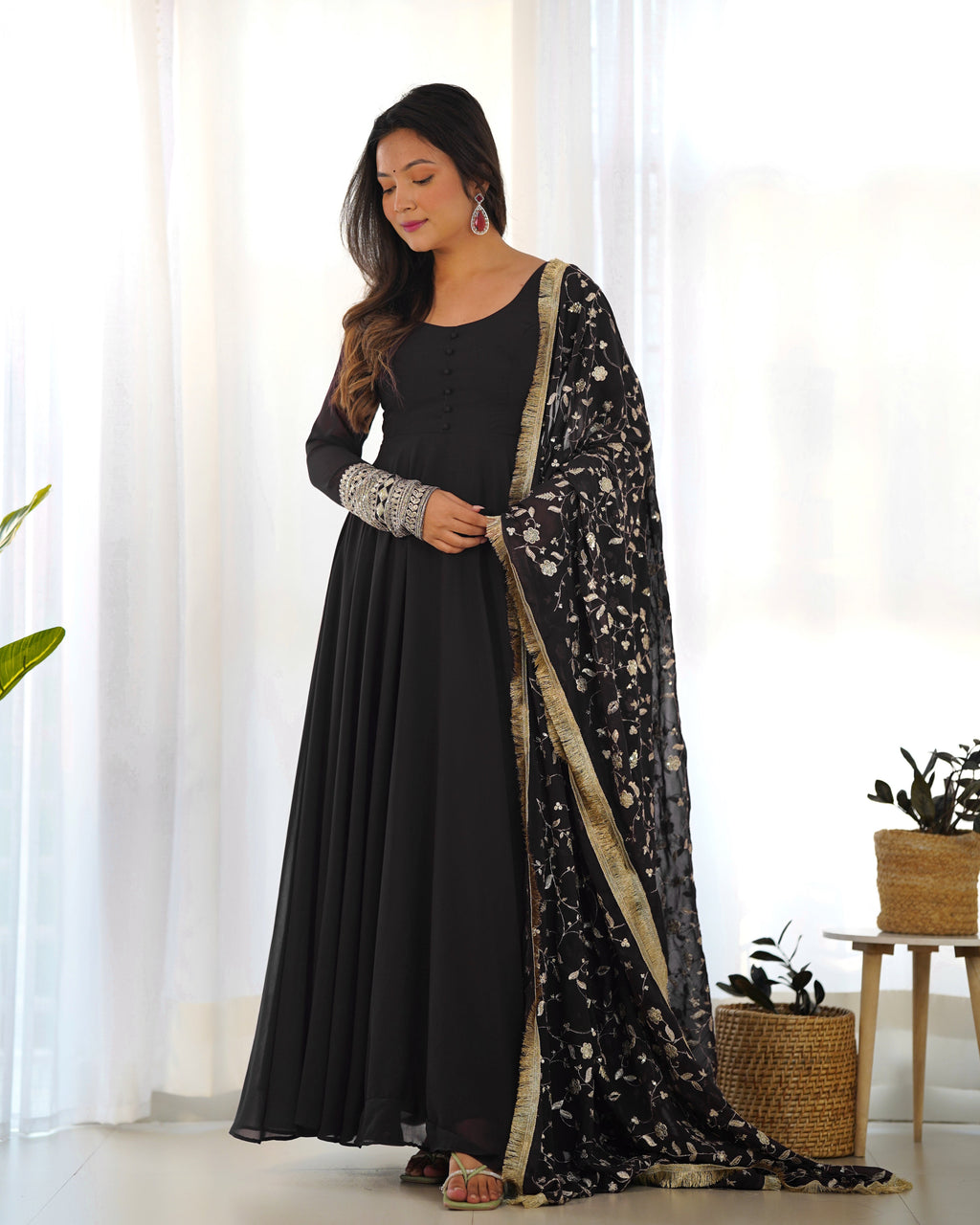 Black Pure Soft Georgette Anarkali Suit Set with Huge Flair & Dupatta for Festivals