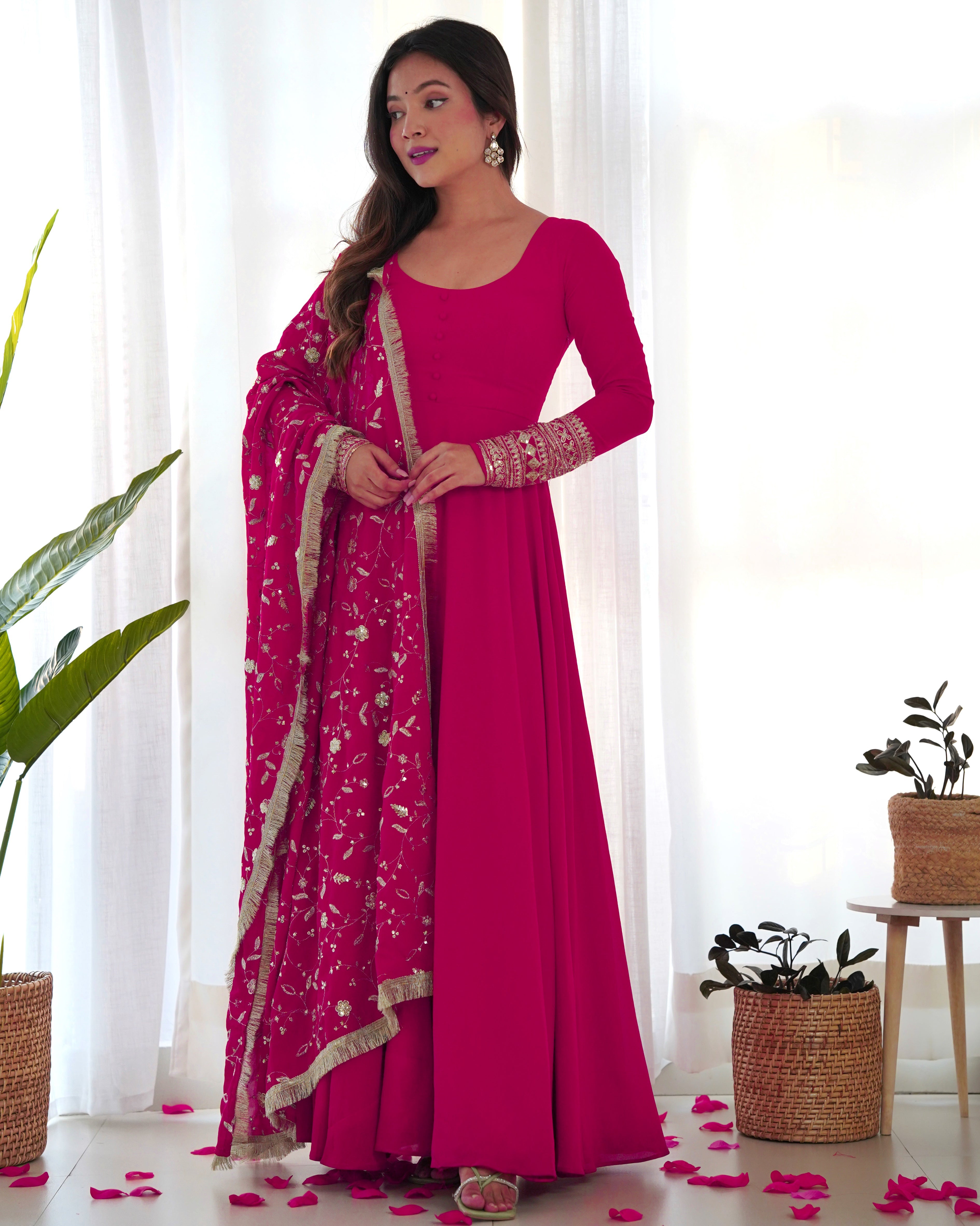 Pink Pure Soft Georgette Anarkali Suit Set with Huge Flair & Dupatta for Festivals