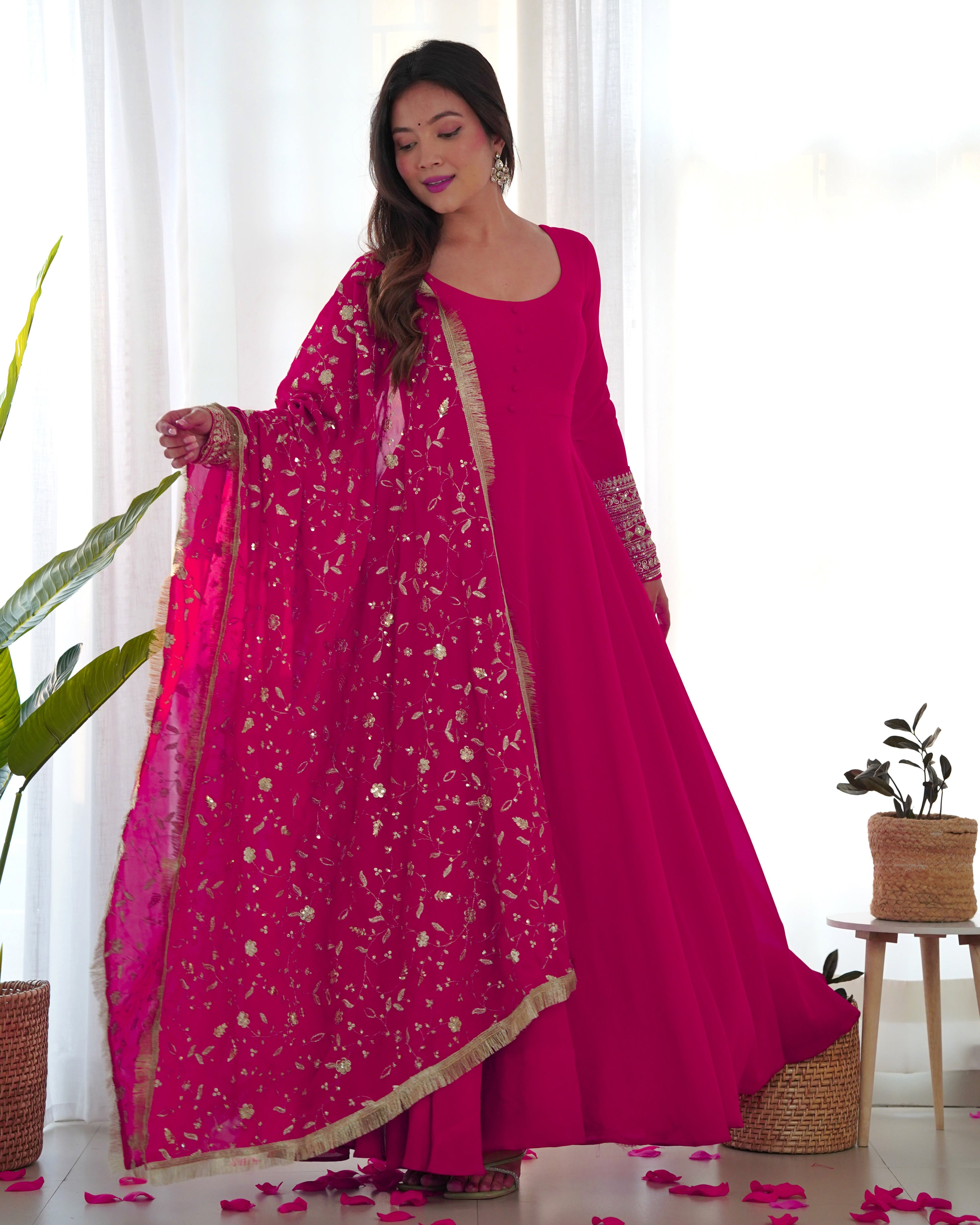 Pink Pure Soft Georgette Anarkali Suit Set with Huge Flair & Dupatta for Festivals