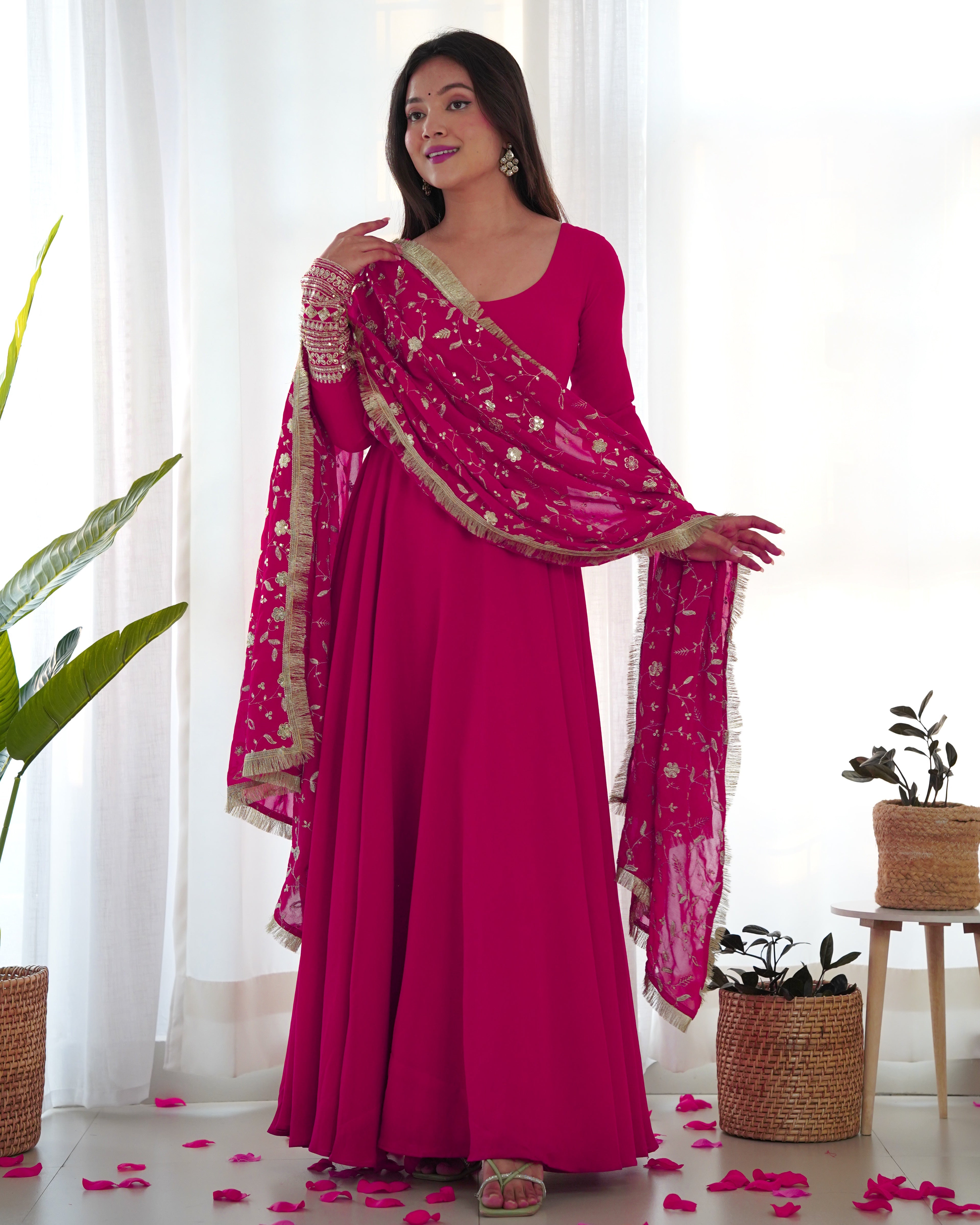 Pink Pure Soft Georgette Anarkali Suit Set with Huge Flair & Dupatta for Festivals