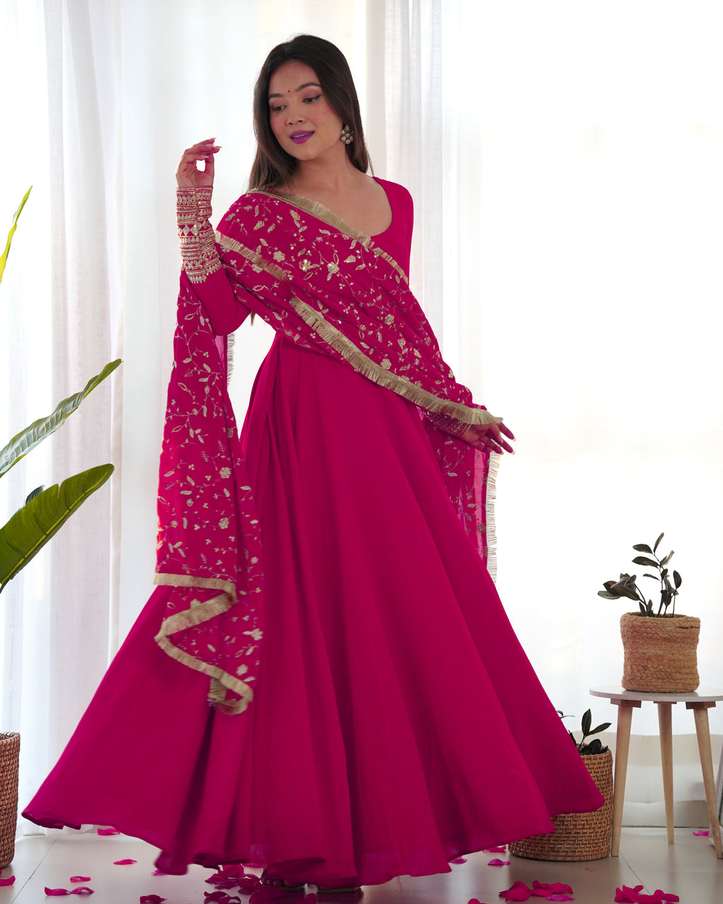 Pink Pure Soft Georgette Anarkali Suit Set with Huge Flair & Dupatta for Festivals
