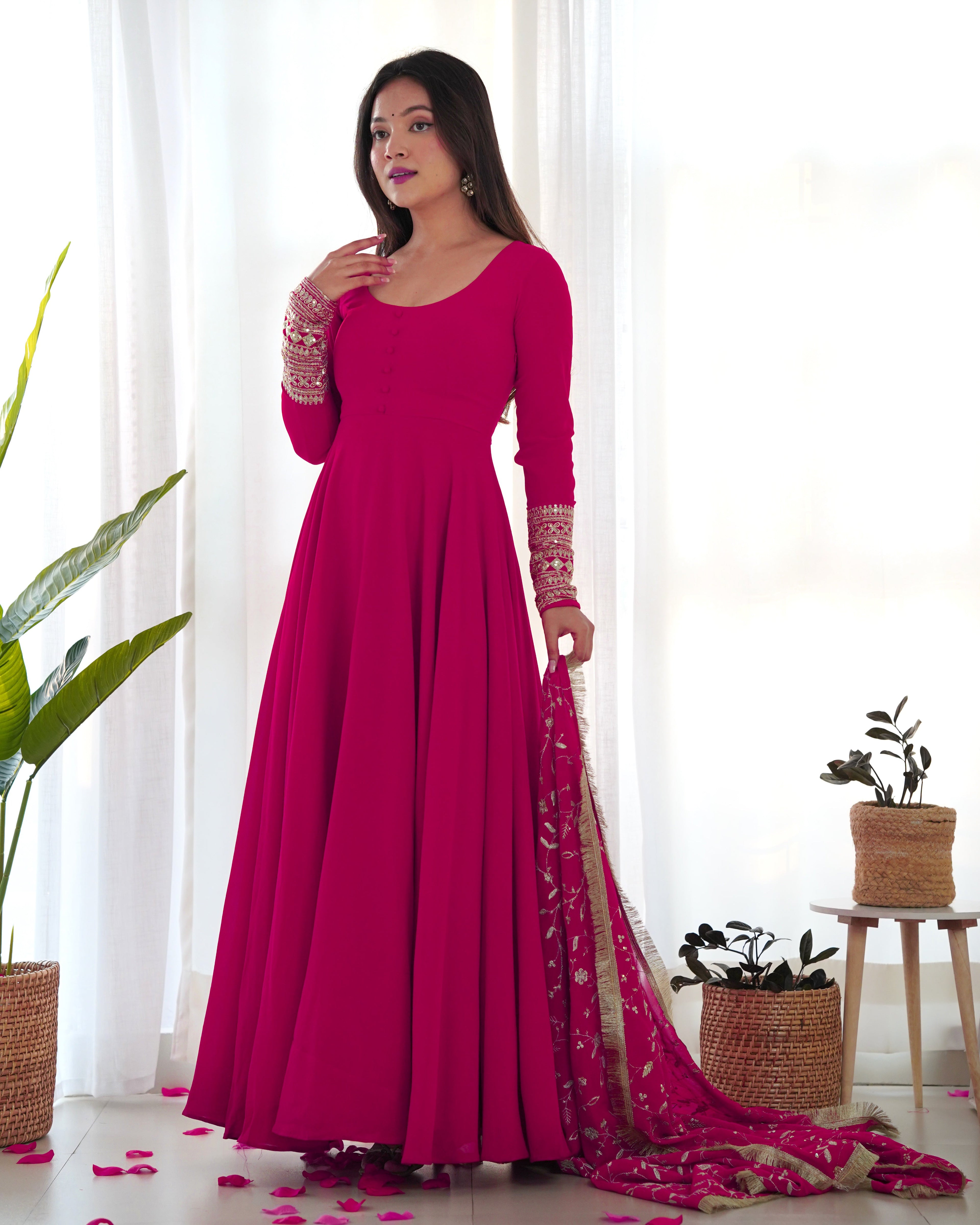 Pink Pure Soft Georgette Anarkali Suit Set with Huge Flair & Dupatta for Festivals