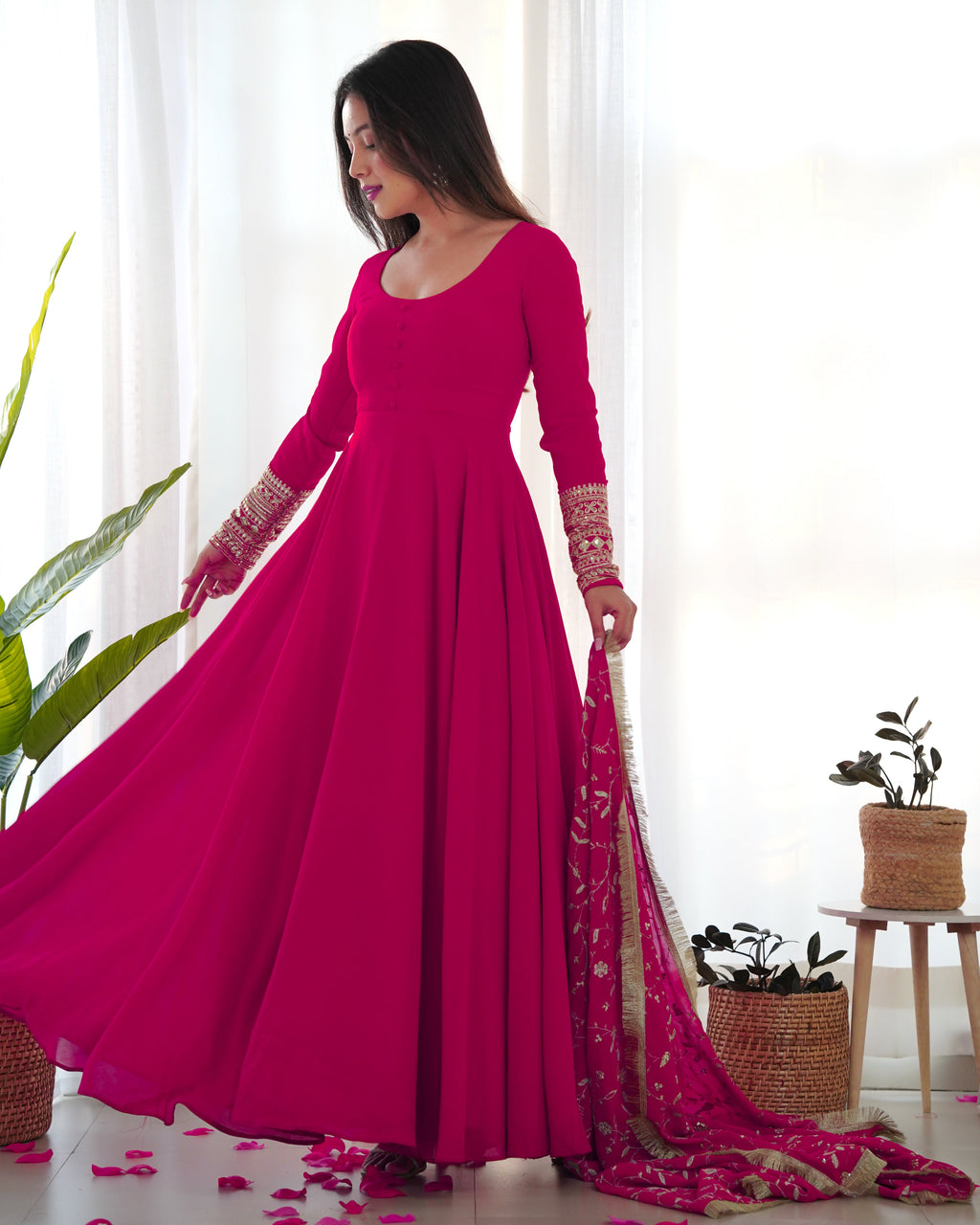 Pink Pure Soft Georgette Anarkali Suit Set with Huge Flair & Dupatta for Festivals