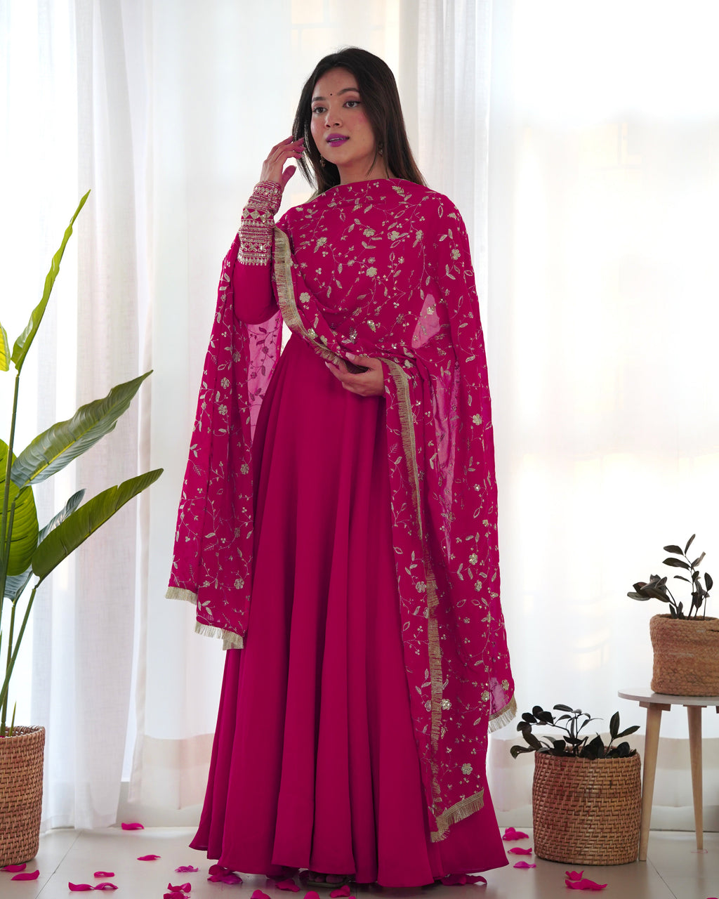 Pink Pure Soft Georgette Anarkali Suit Set with Huge Flair & Dupatta for Festivals