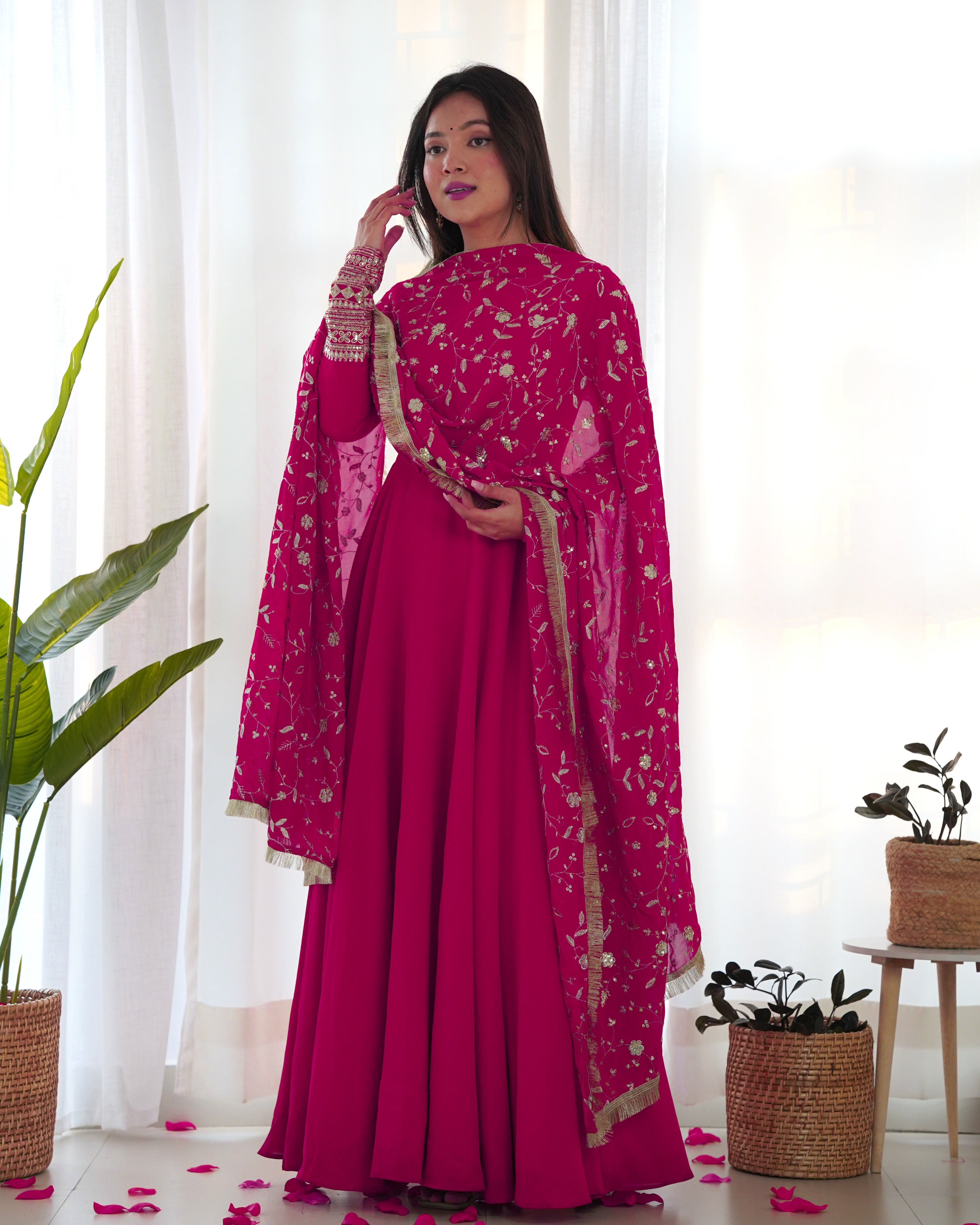 Pink Pure Soft Georgette Anarkali Suit Set with Huge Flair & Dupatta for Festivals