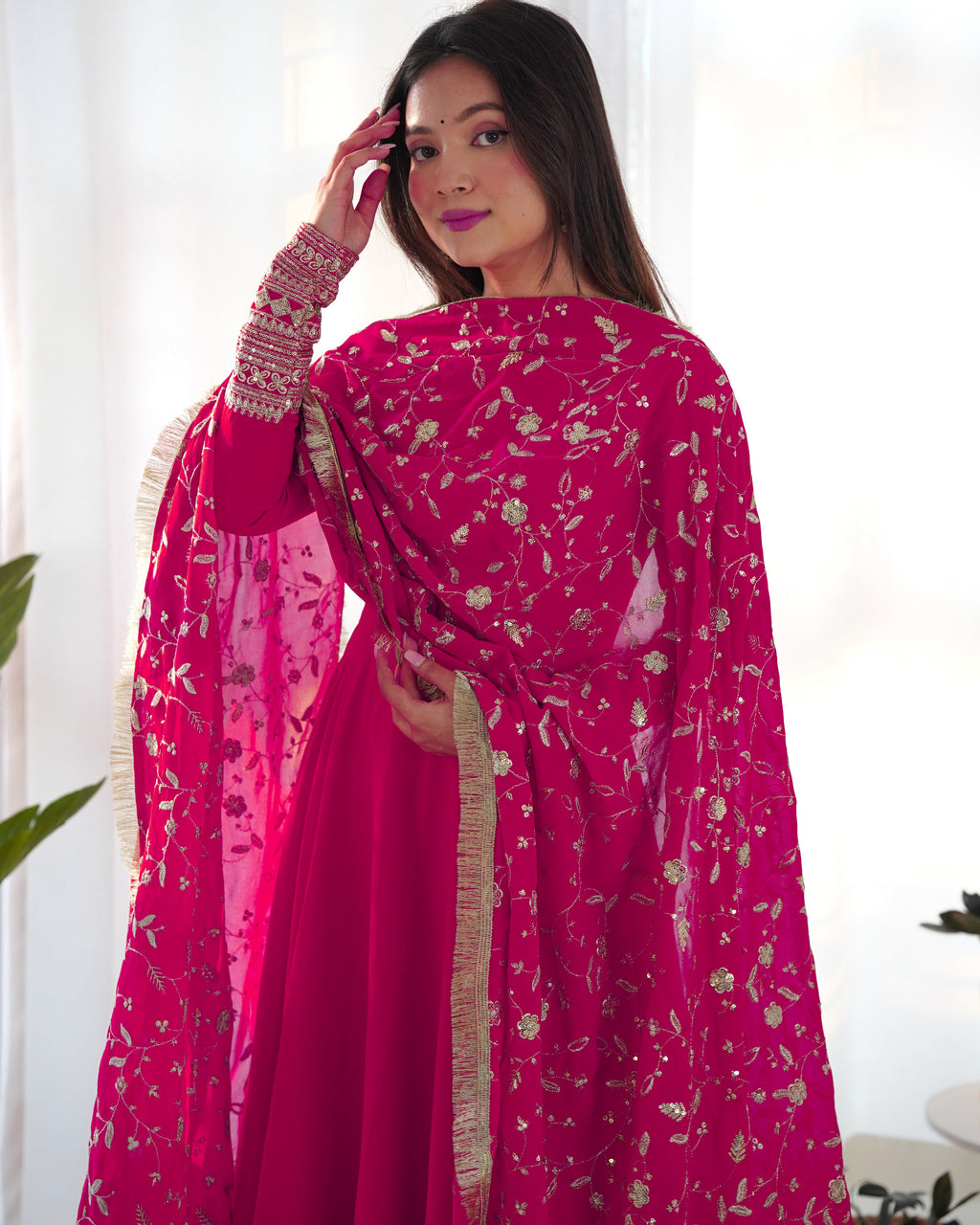 Pink Pure Soft Georgette Anarkali Suit Set with Huge Flair & Dupatta for Festivals