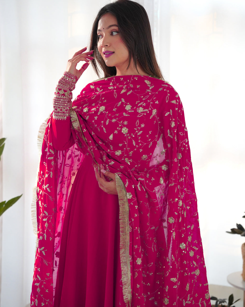Pink Pure Soft Georgette Anarkali Suit Set with Huge Flair & Dupatta for Festivals