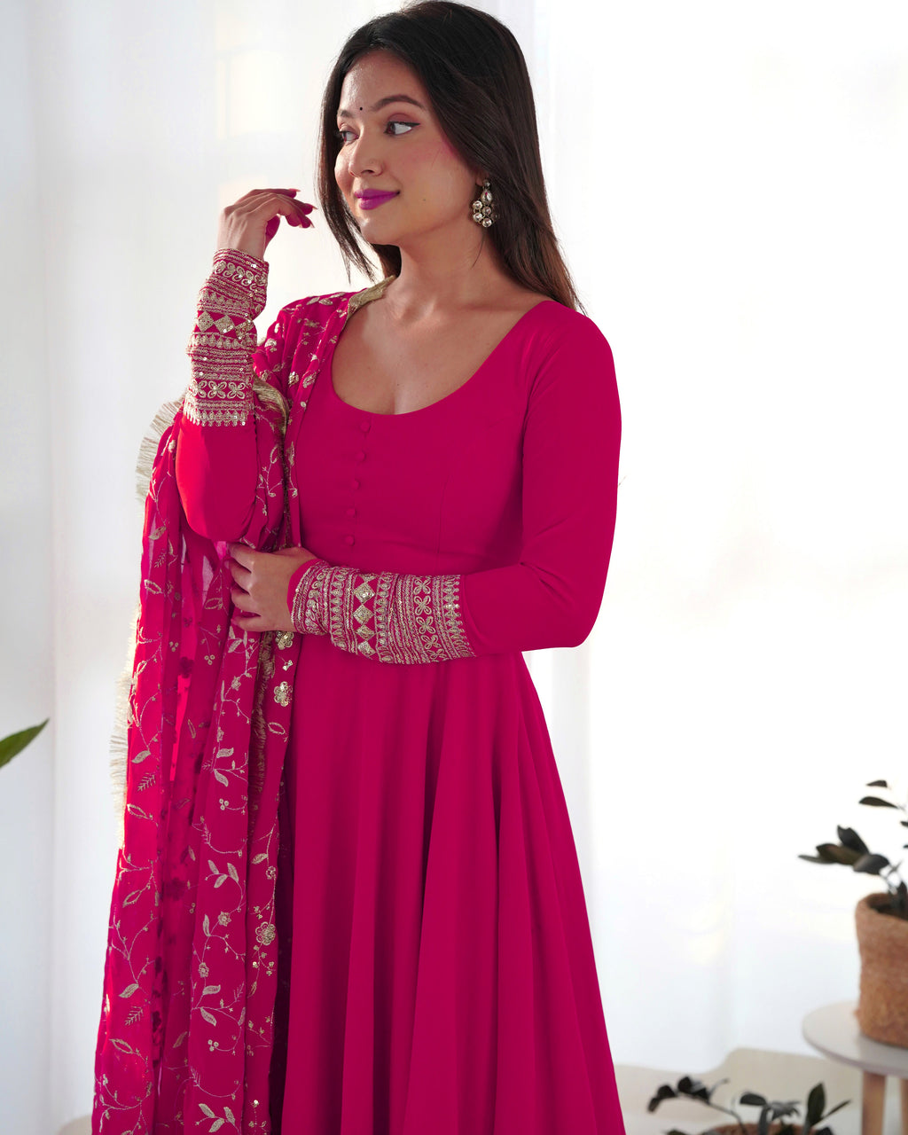 Pink Pure Soft Georgette Anarkali Suit Set with Huge Flair & Dupatta for Festivals