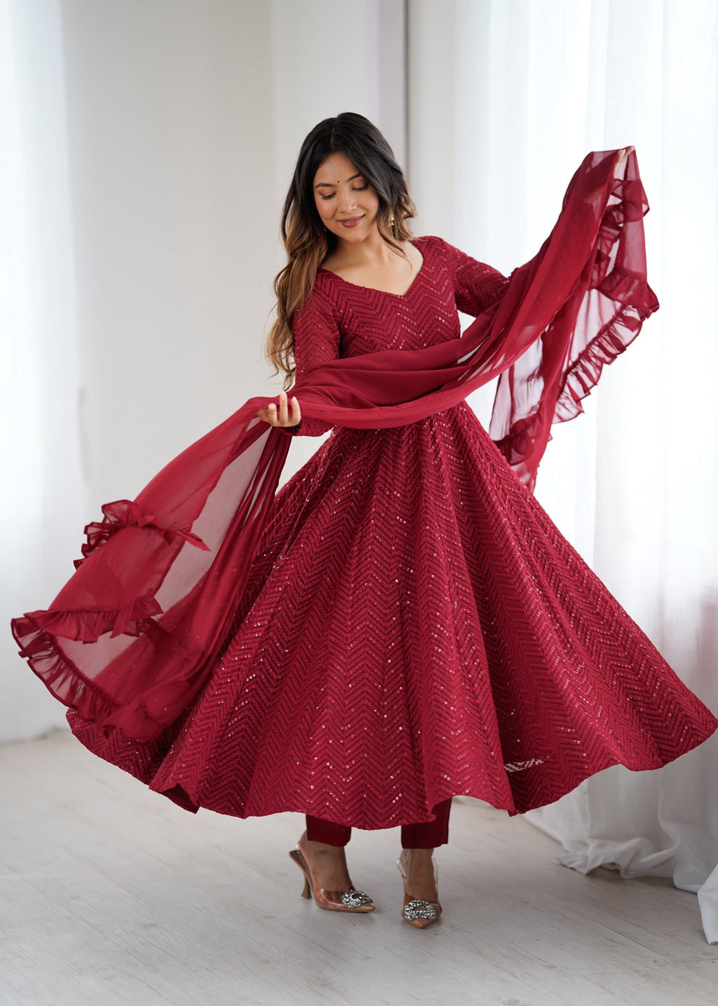 Maroon Pure Soft Georgette Anarkali Suit Set with Huge Flair for Festive Occasions