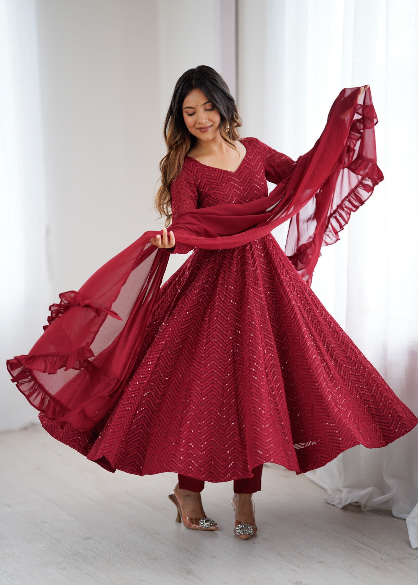 Maroon Pure Soft Georgette Anarkali Suit Set with Huge Flair for Festive Occasions