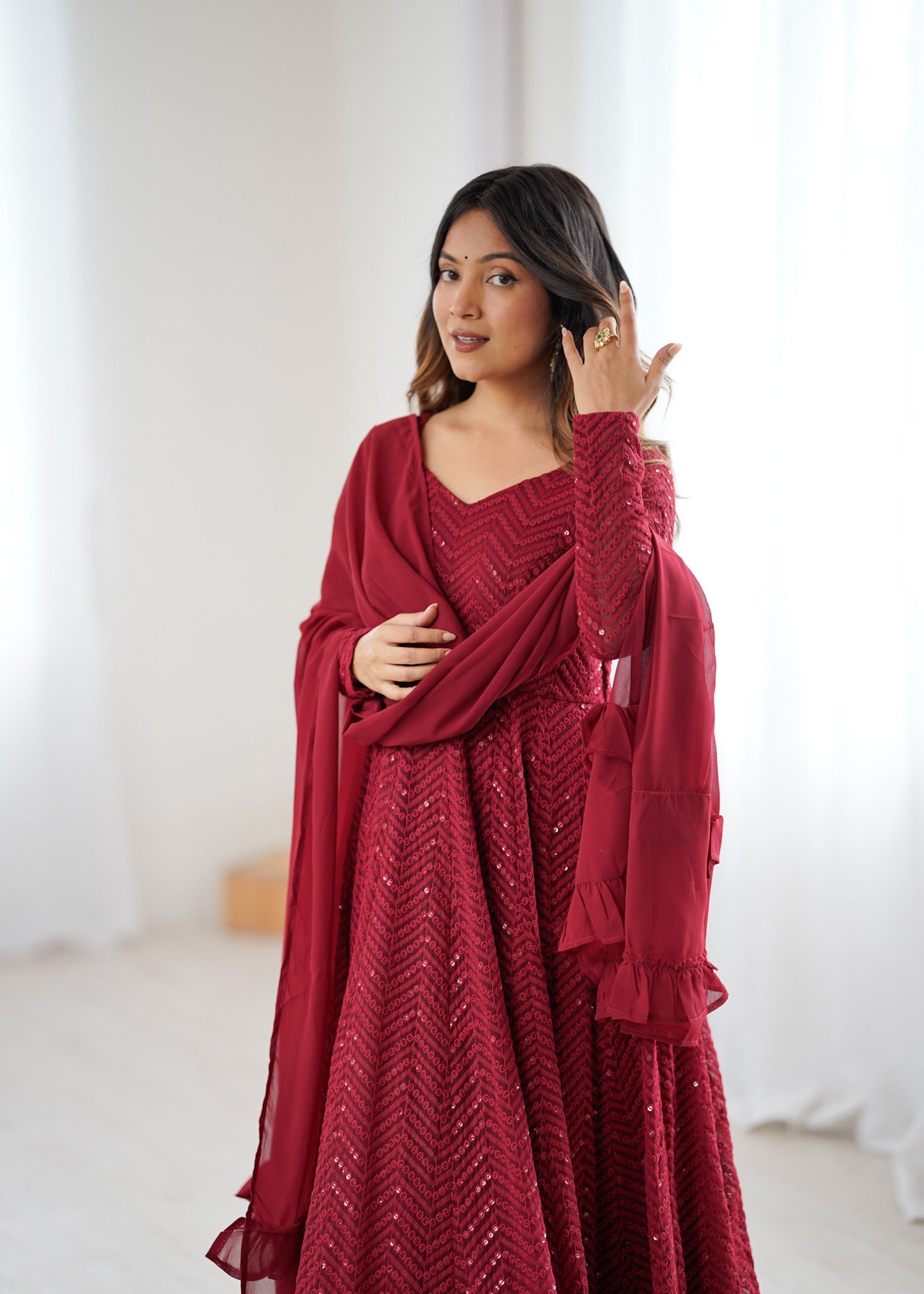 Maroon Pure Soft Georgette Anarkali Suit Set with Huge Flair for Festive Occasions
