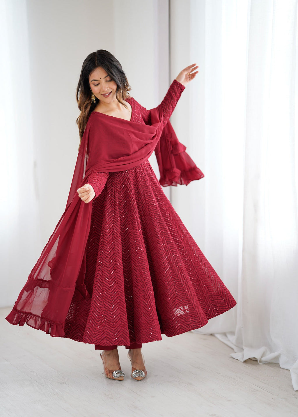 Maroon Pure Soft Georgette Anarkali Suit Set with Huge Flair for Festive Occasions