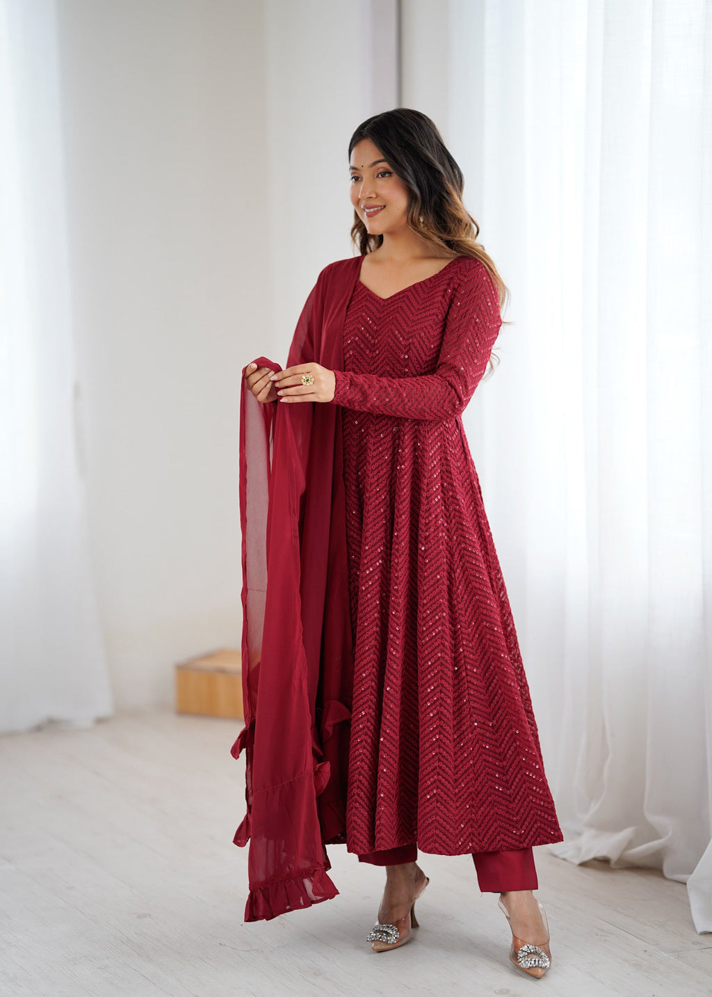 Maroon Pure Soft Georgette Anarkali Suit Set with Huge Flair for Festive Occasions