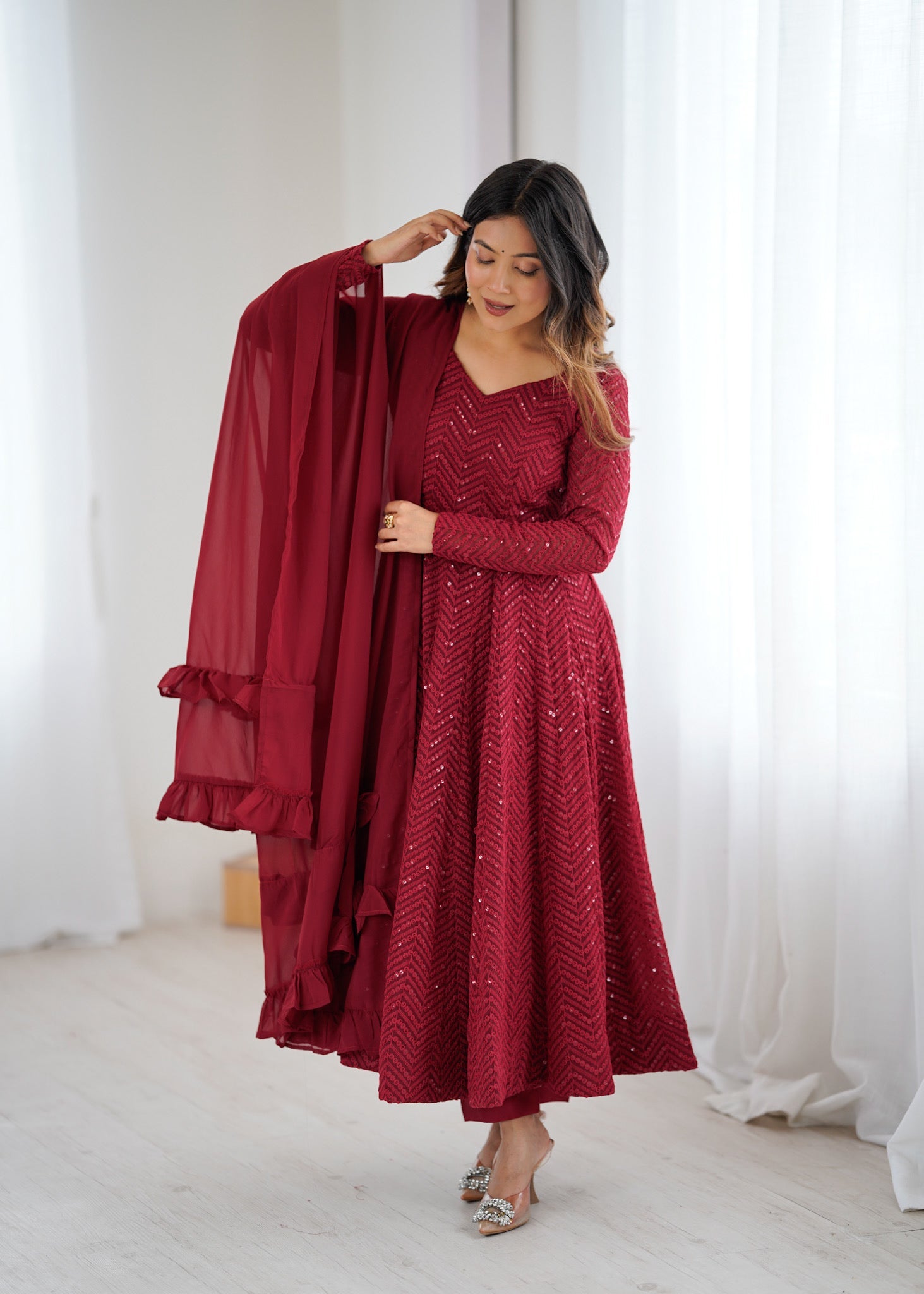 Maroon Pure Soft Georgette Anarkali Suit Set with Huge Flair for Festive Occasions