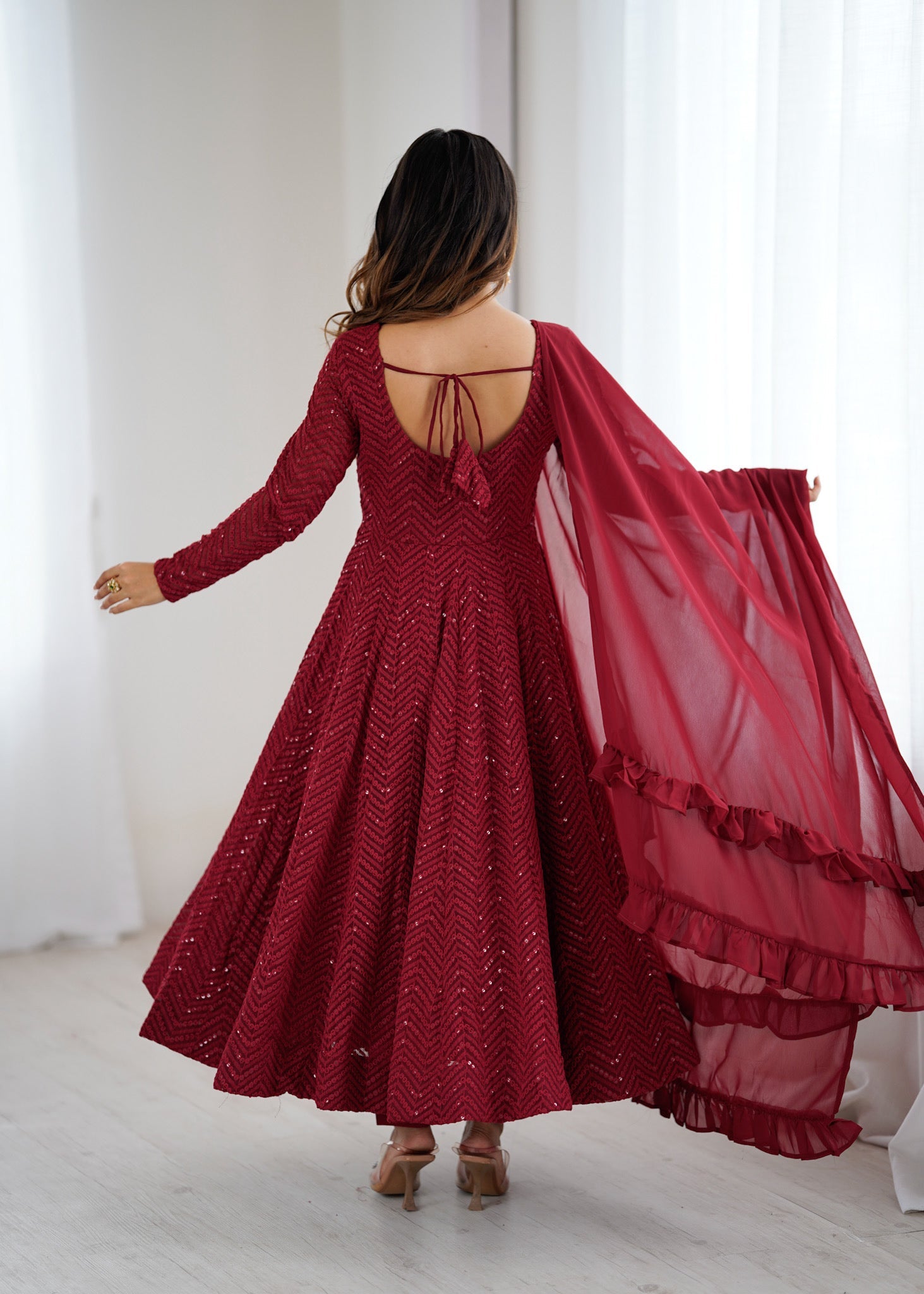Maroon Pure Soft Georgette Anarkali Suit Set with Huge Flair for Festive Occasions