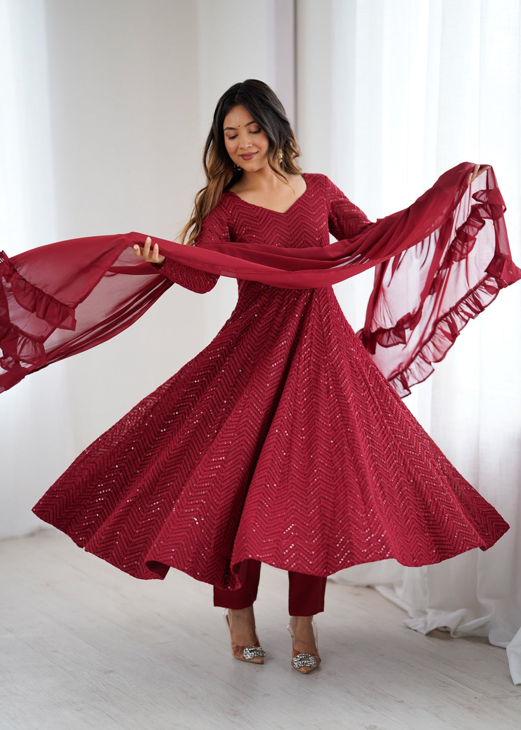 Maroon Pure Soft Georgette Anarkali Suit Set with Huge Flair for Festive Occasions