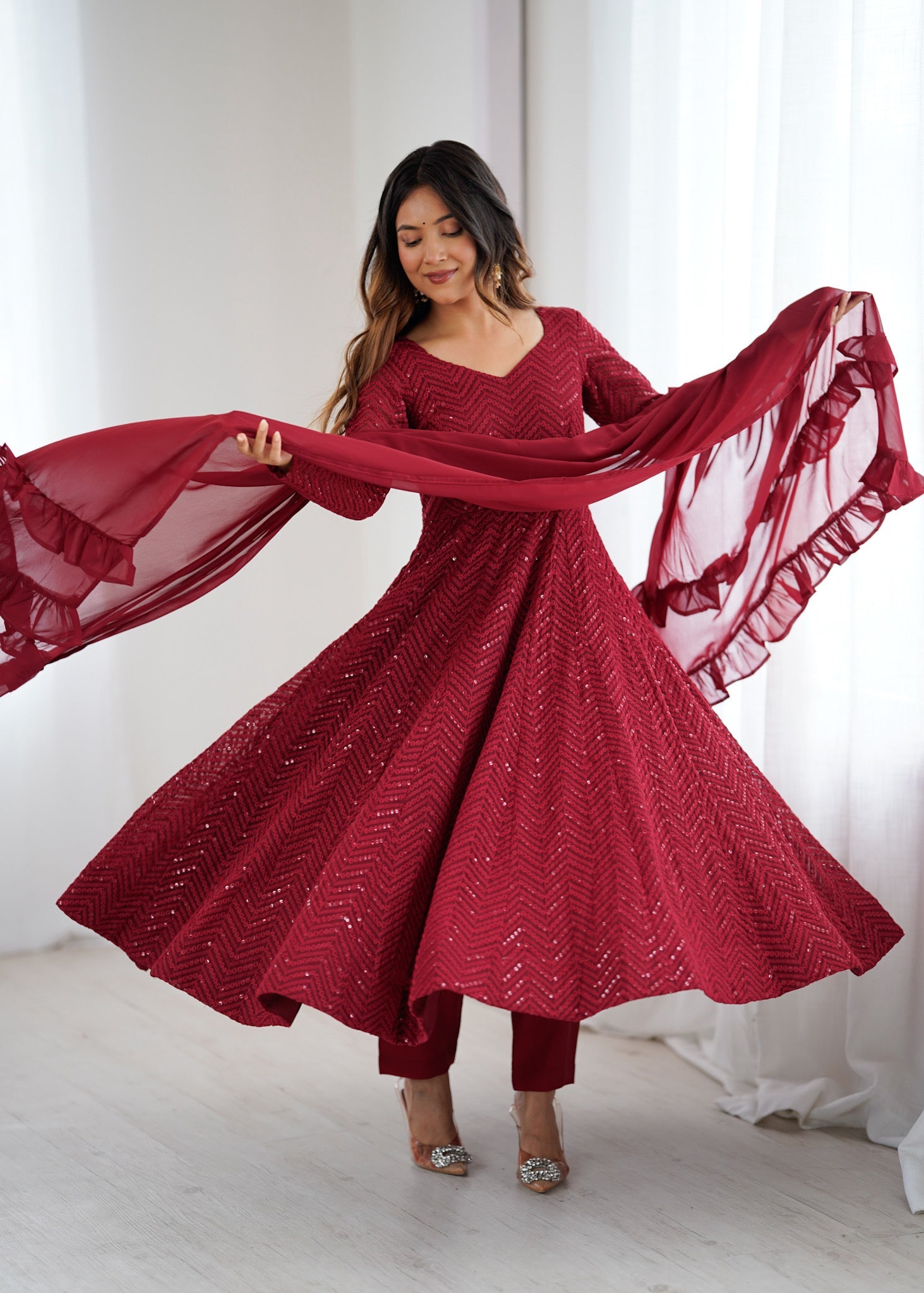 Maroon Pure Soft Georgette Anarkali Suit Set with Huge Flair for Festive Occasions