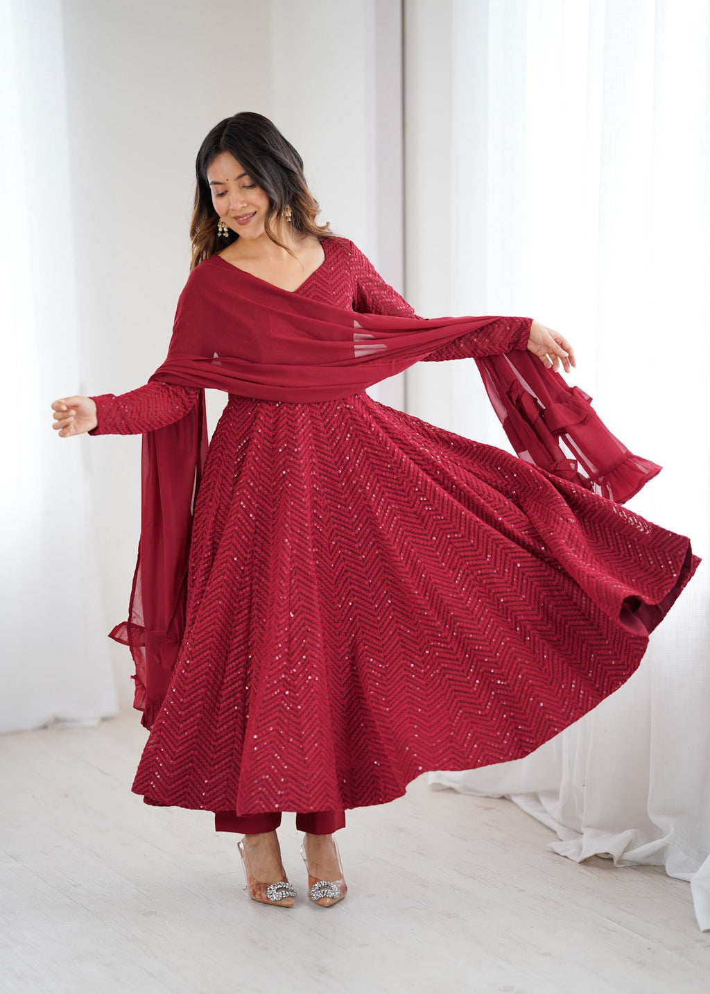 Maroon Pure Soft Georgette Anarkali Suit Set with Huge Flair for Festive Occasions