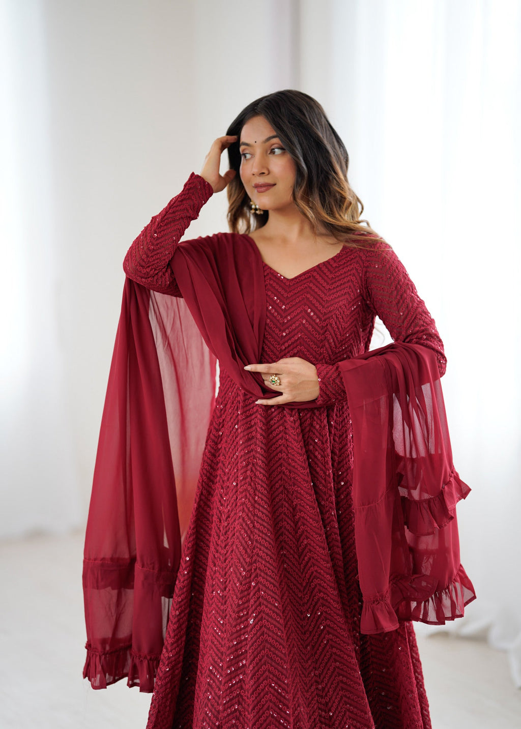 Maroon Pure Soft Georgette Anarkali Suit Set with Huge Flair for Festive Occasions