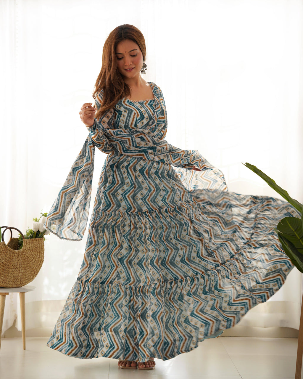 Light Blue Fox Georgette Anarkali Lehenga Suit with Huge Flair for Festive Occasions