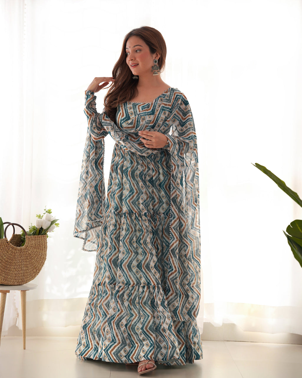 Light Blue Fox Georgette Anarkali Lehenga Suit with Huge Flair for Festive Occasions