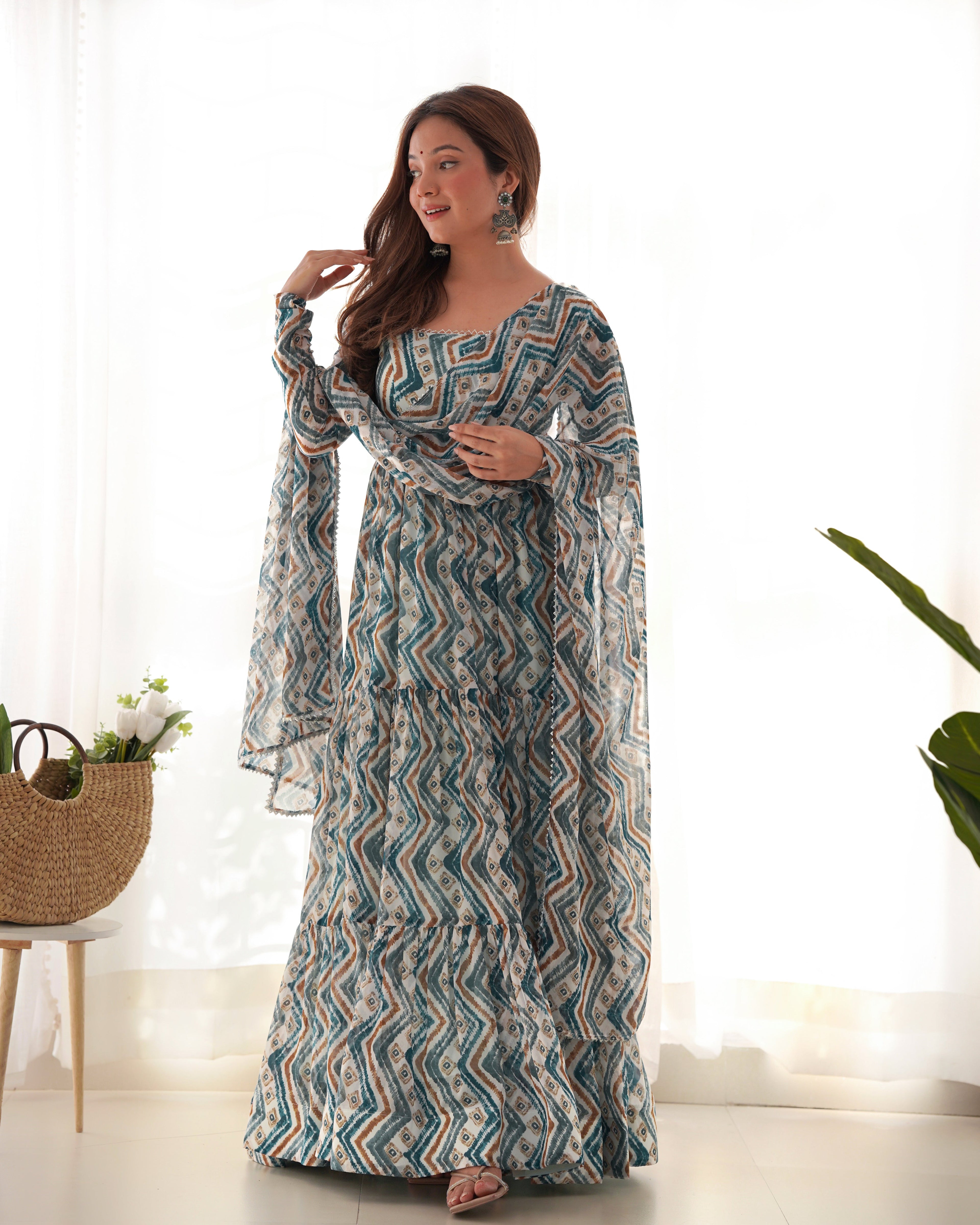 Light Blue Fox Georgette Anarkali Lehenga Suit with Huge Flair for Festive Occasions