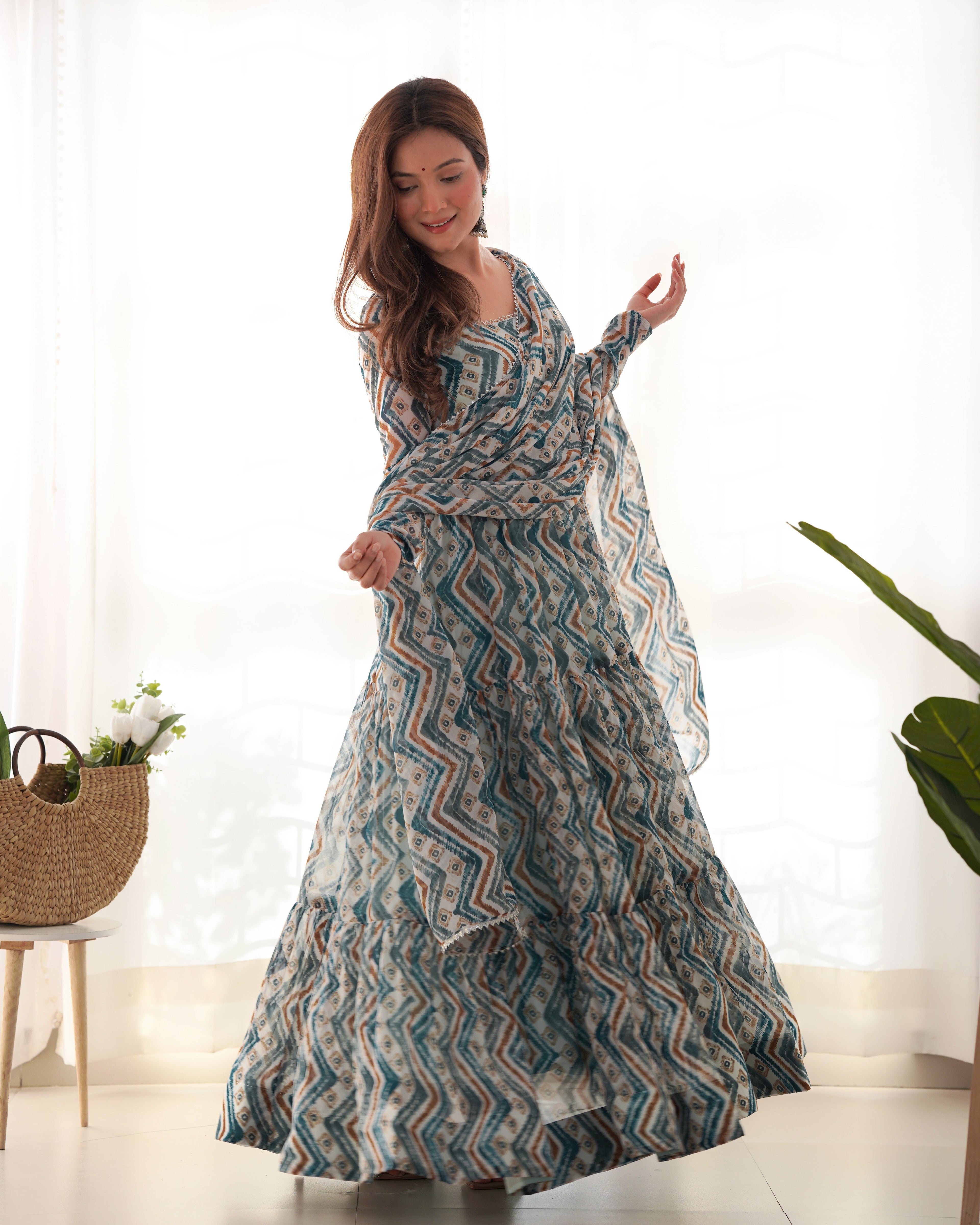 Light Blue Fox Georgette Anarkali Lehenga Suit with Huge Flair for Festive Occasions