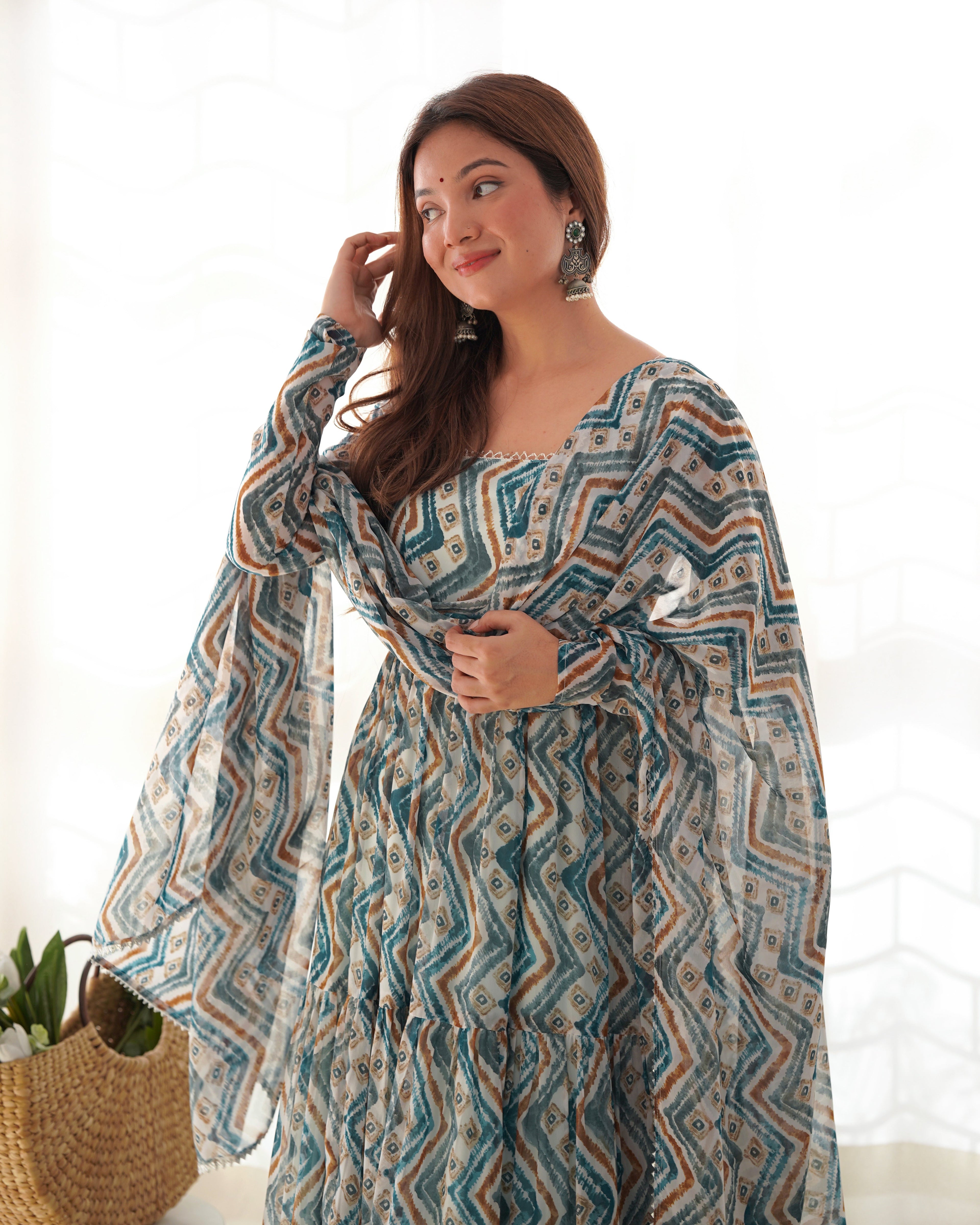 Light Blue Fox Georgette Anarkali Lehenga Suit with Huge Flair for Festive Occasions