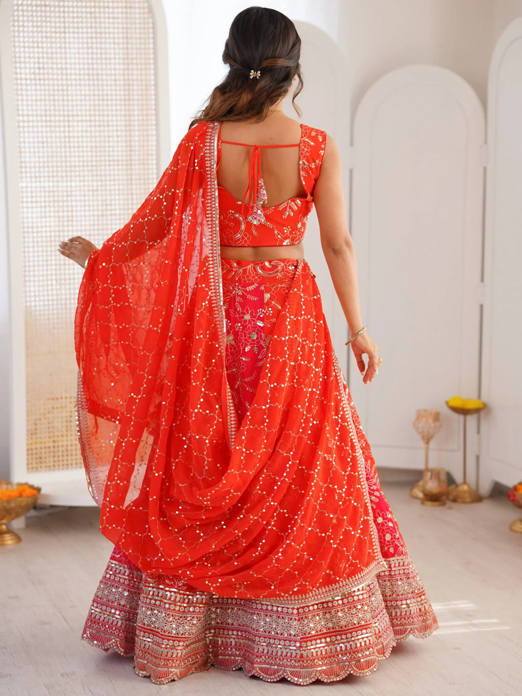 Stunning Orange Thread Work Georgette Function Wear Lehenga Choli