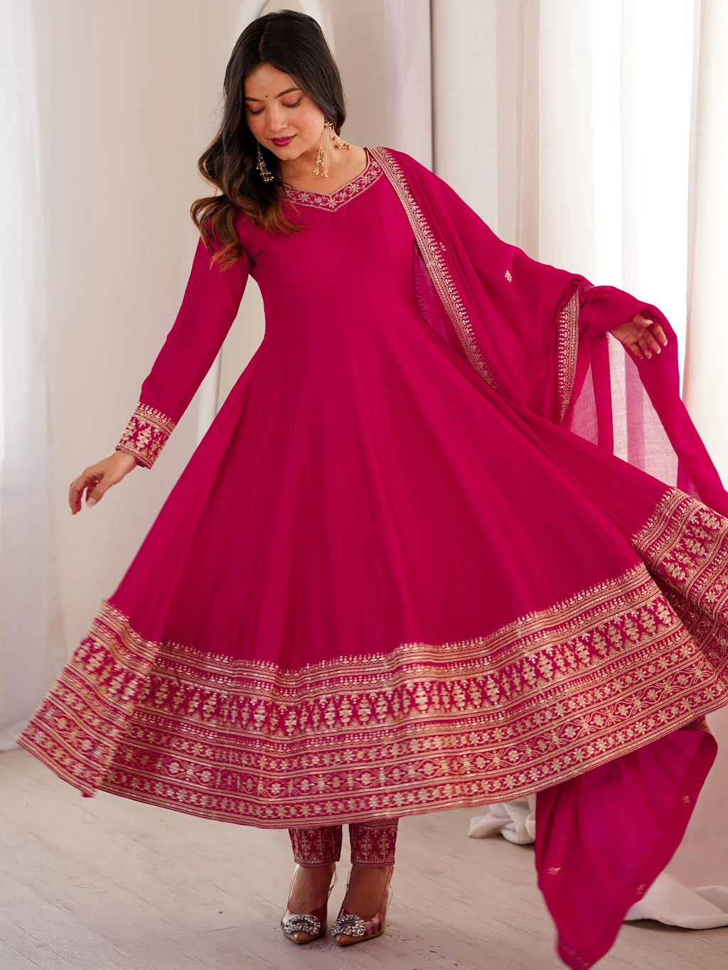 Pretty Pink Dori Embroidered Silk Engagement Wear Anarkali Pant Suit