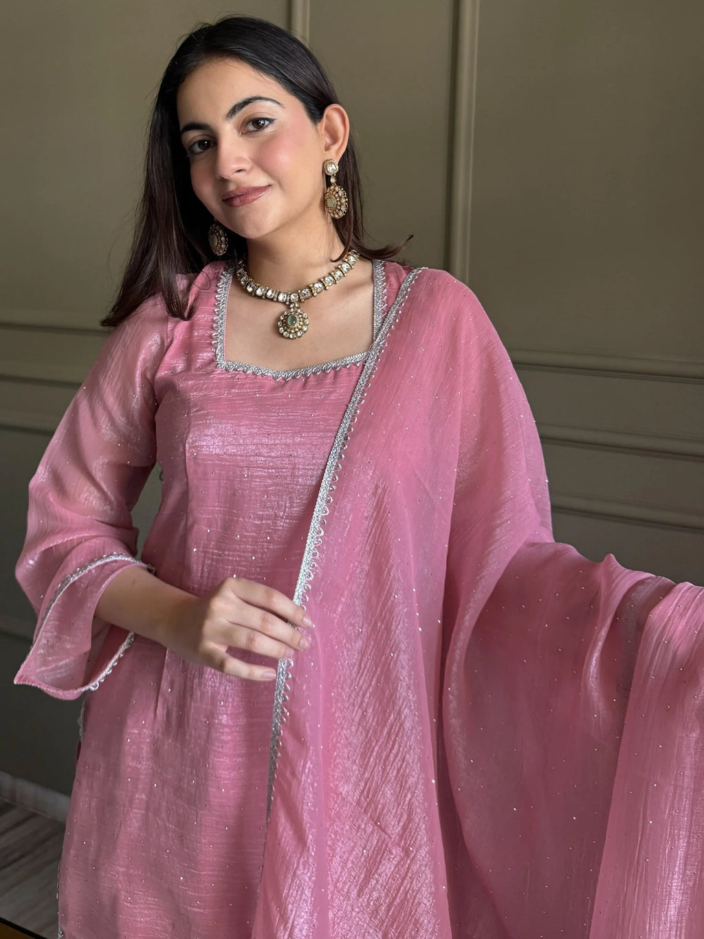 Pink Delightful Lace Border Silk Designer Salwar Suit