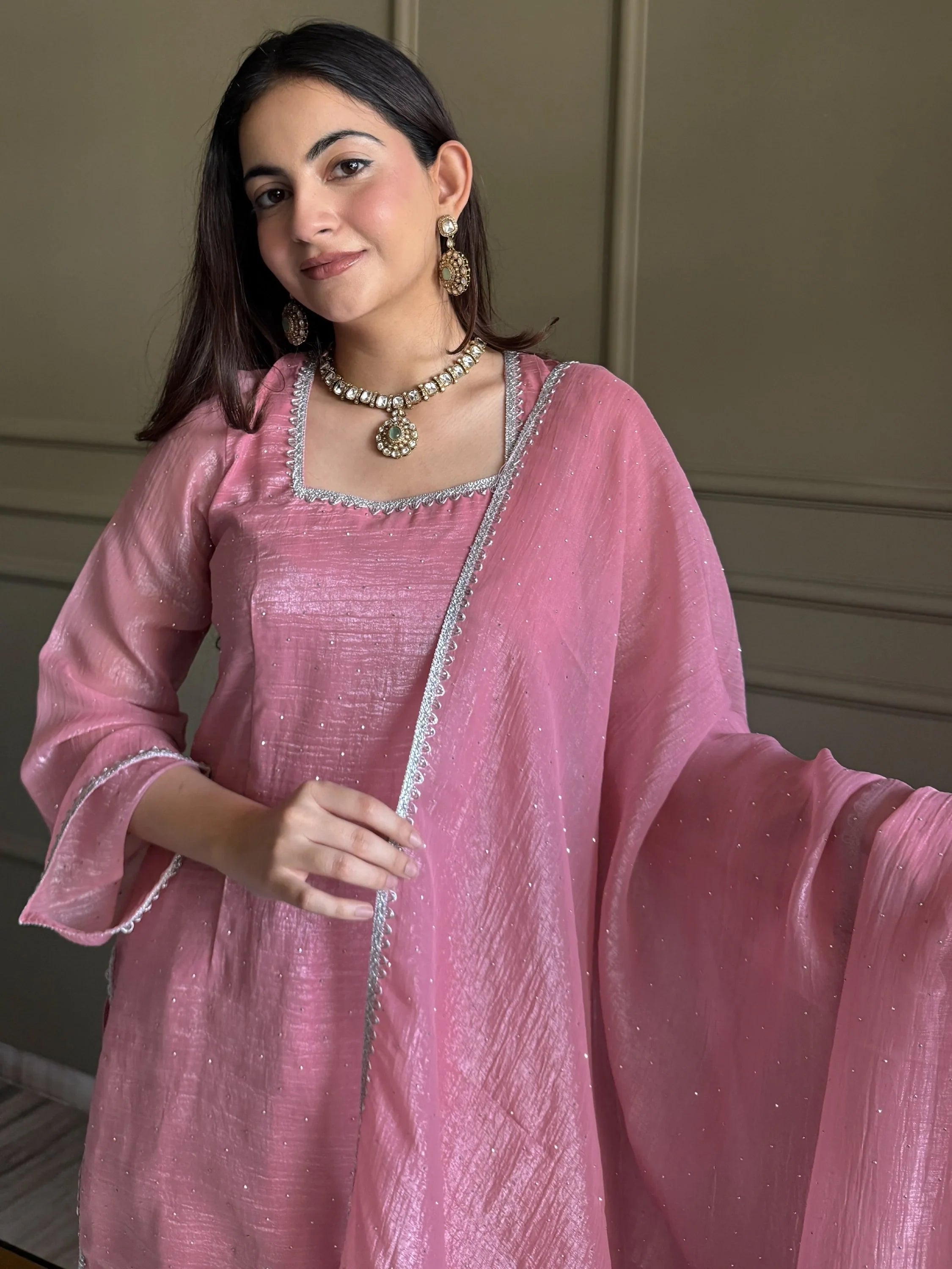 Pink Delightful Lace Border Silk Designer Salwar Suit