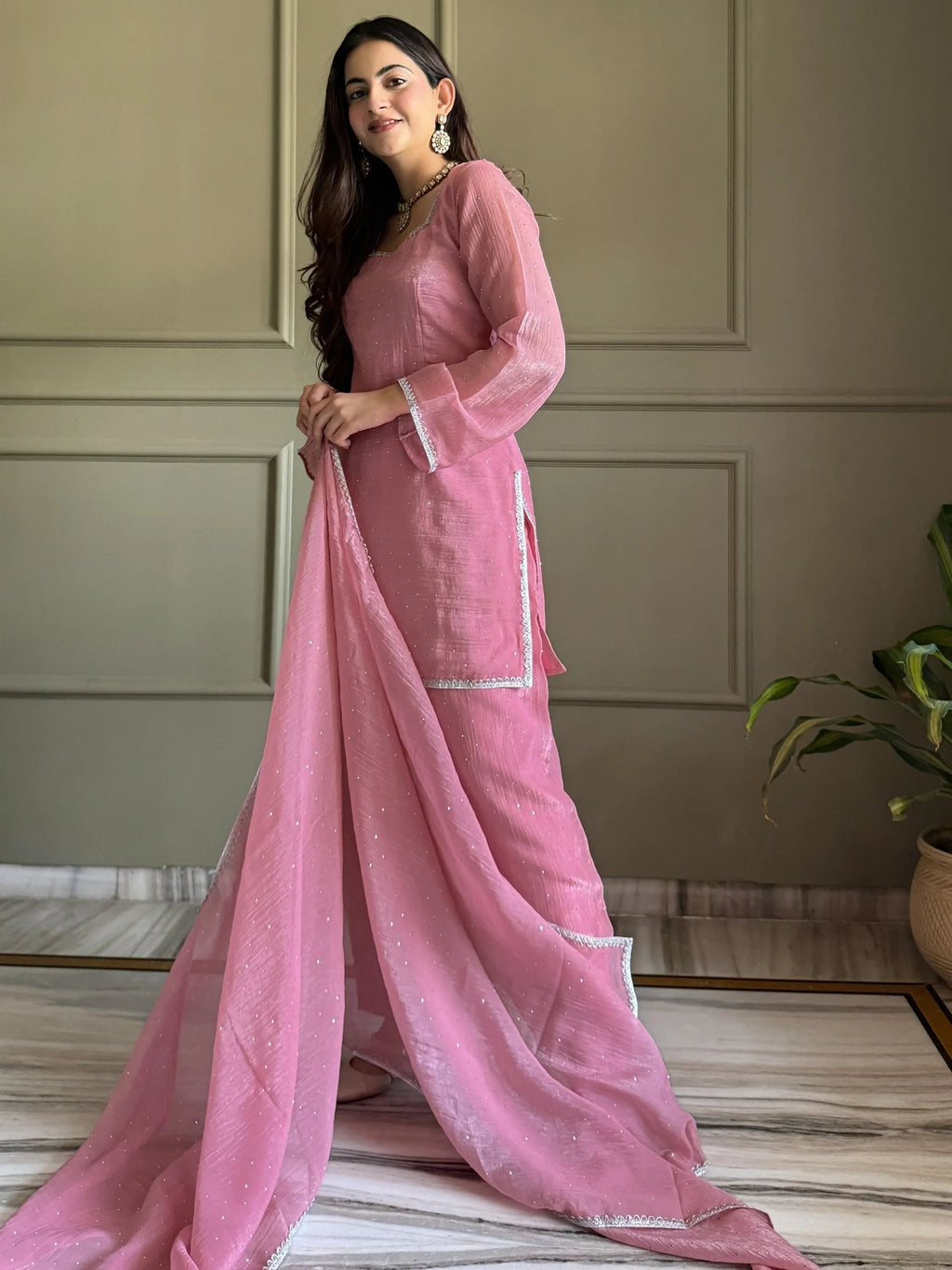 Pink Delightful Lace Border Silk Designer Salwar Suit