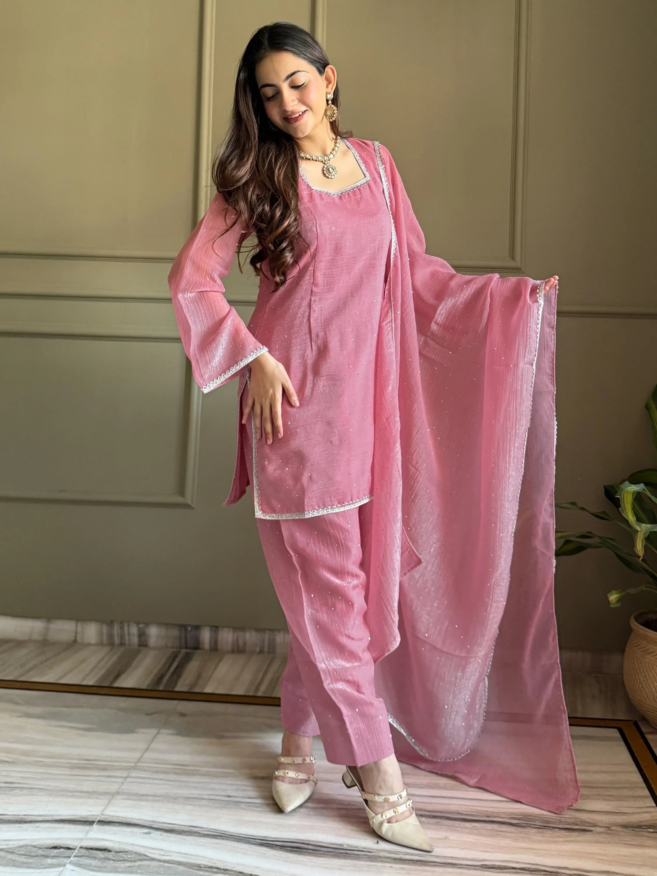 Pink Delightful Lace Border Silk Designer Salwar Suit