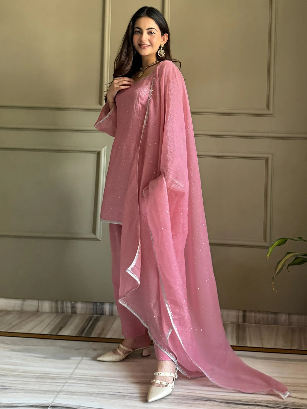 Pink Delightful Lace Border Silk Designer Salwar Suit