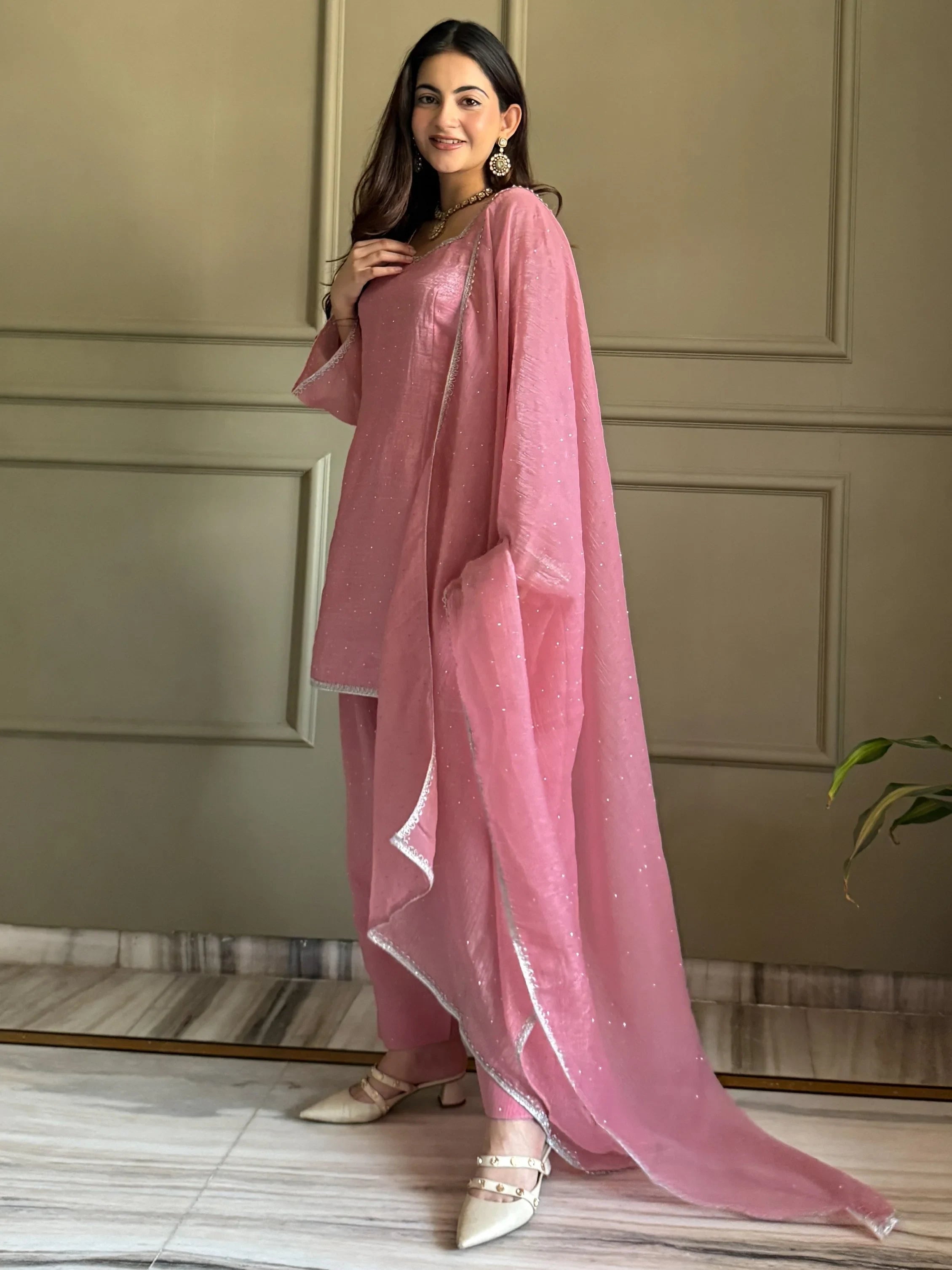 Pink Delightful Lace Border Silk Designer Salwar Suit
