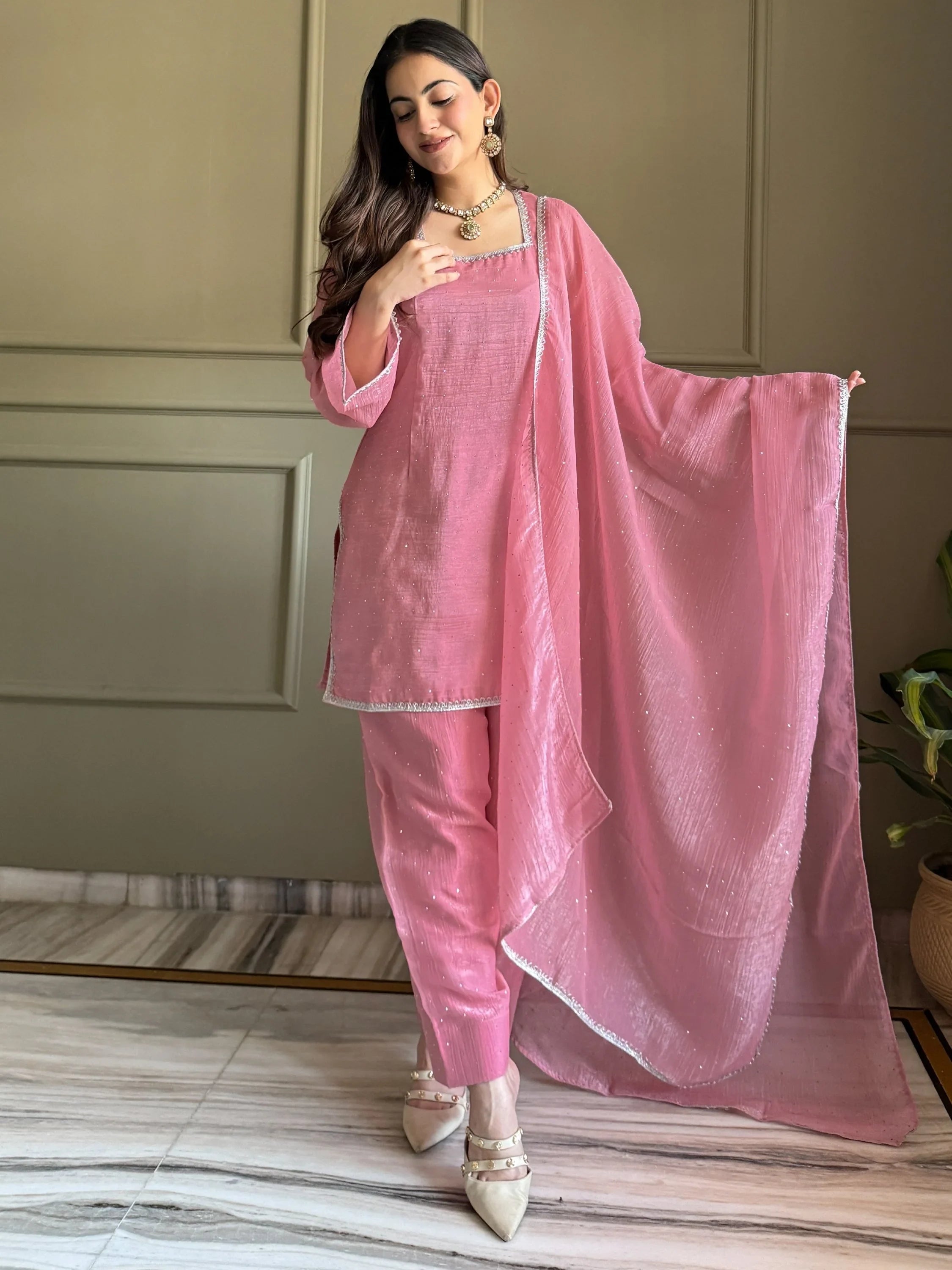 Pink Delightful Lace Border Silk Designer Salwar Suit