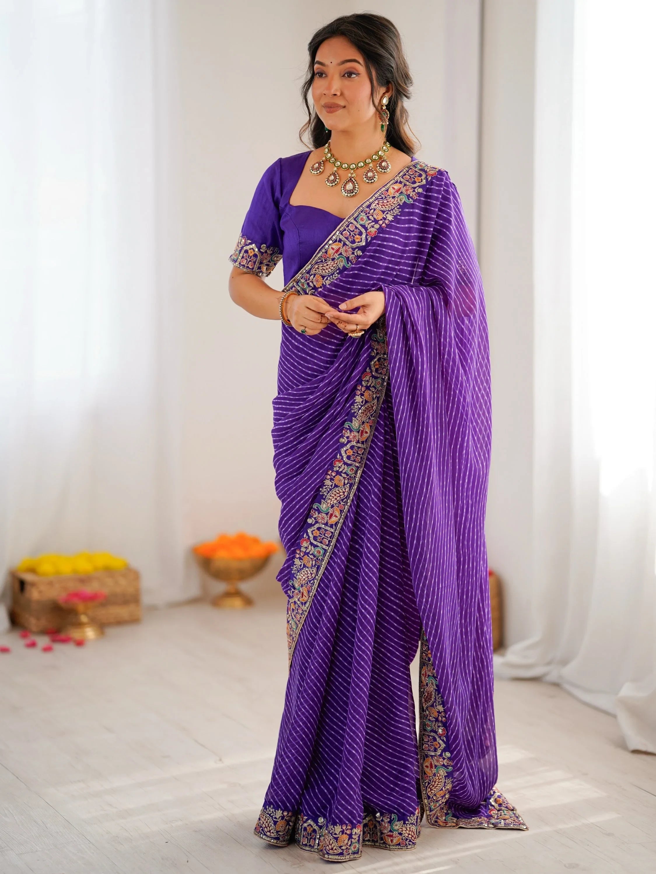 Purple Super Border Work Georgette Function Wear Saree With Blouse