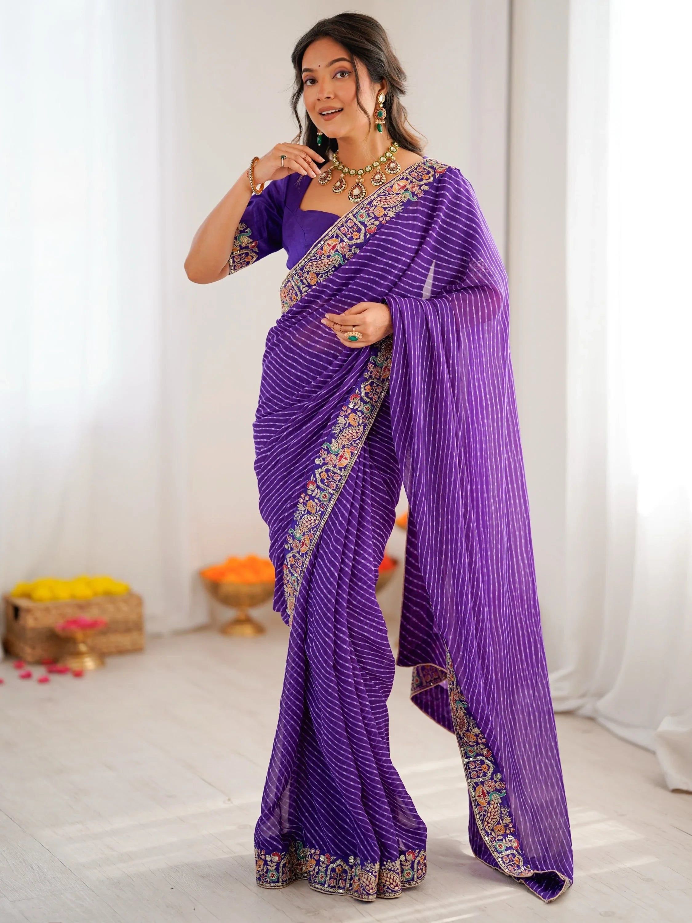 Purple Super Border Work Georgette Function Wear Saree With Blouse