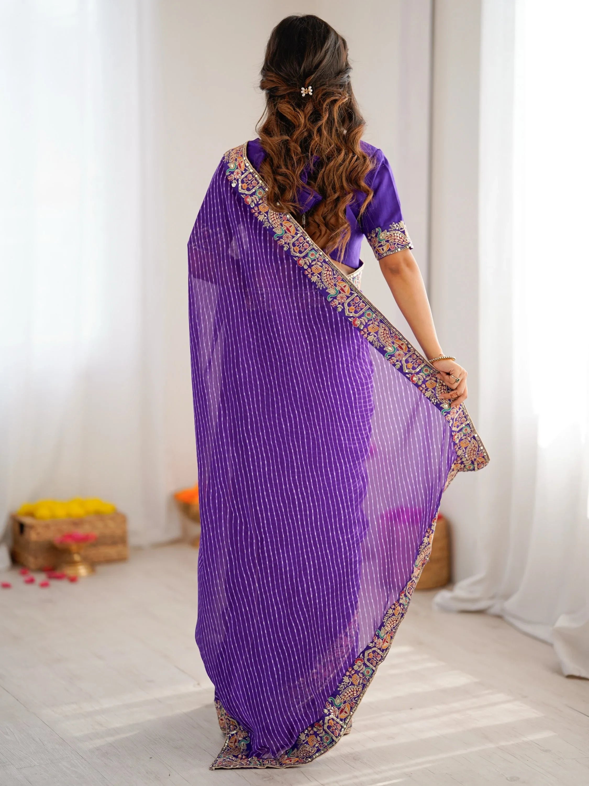 Purple Super Border Work Georgette Function Wear Saree With Blouse