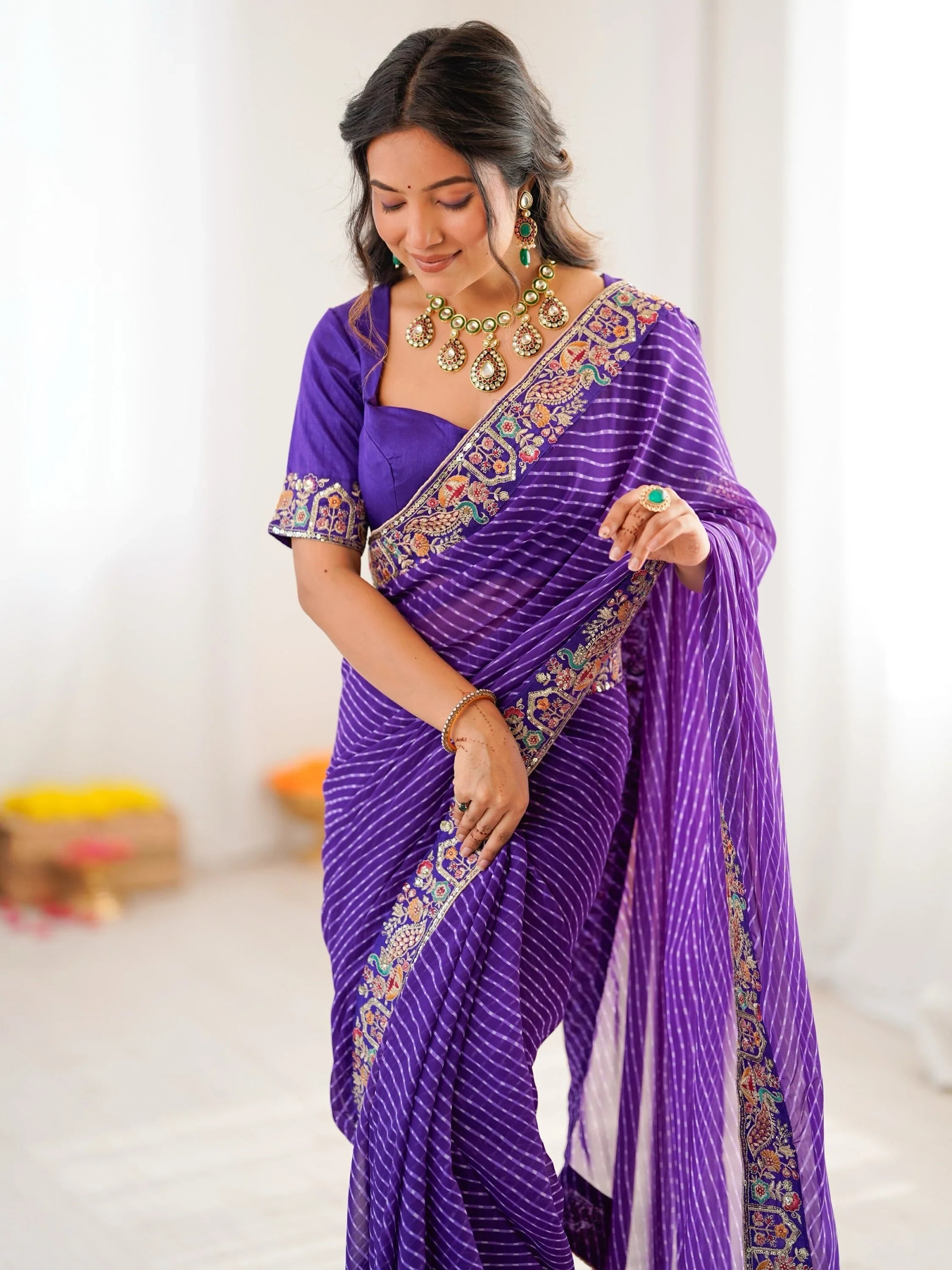 Purple Super Border Work Georgette Function Wear Saree With Blouse