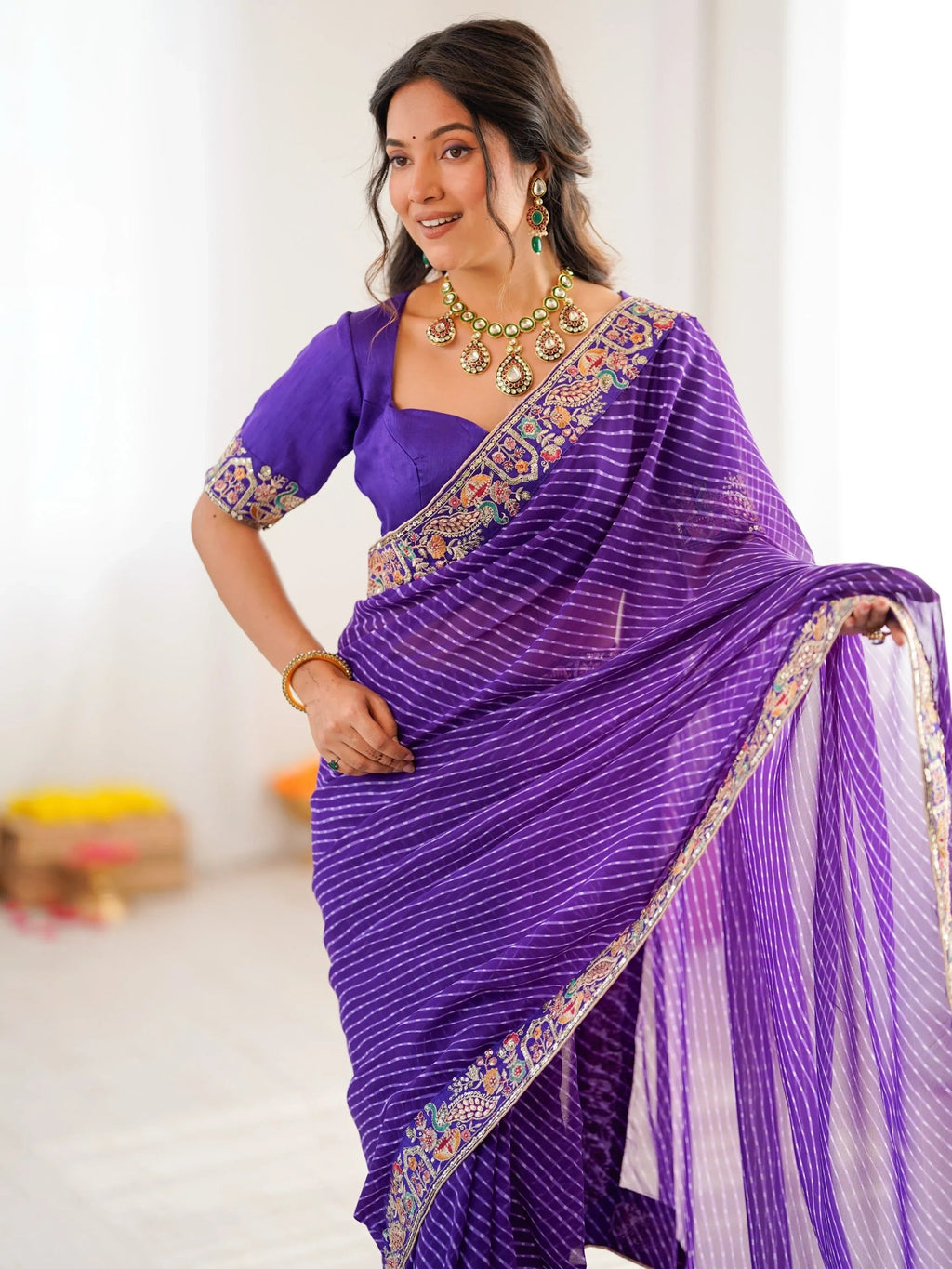 Purple Super Border Work Georgette Function Wear Saree With Blouse