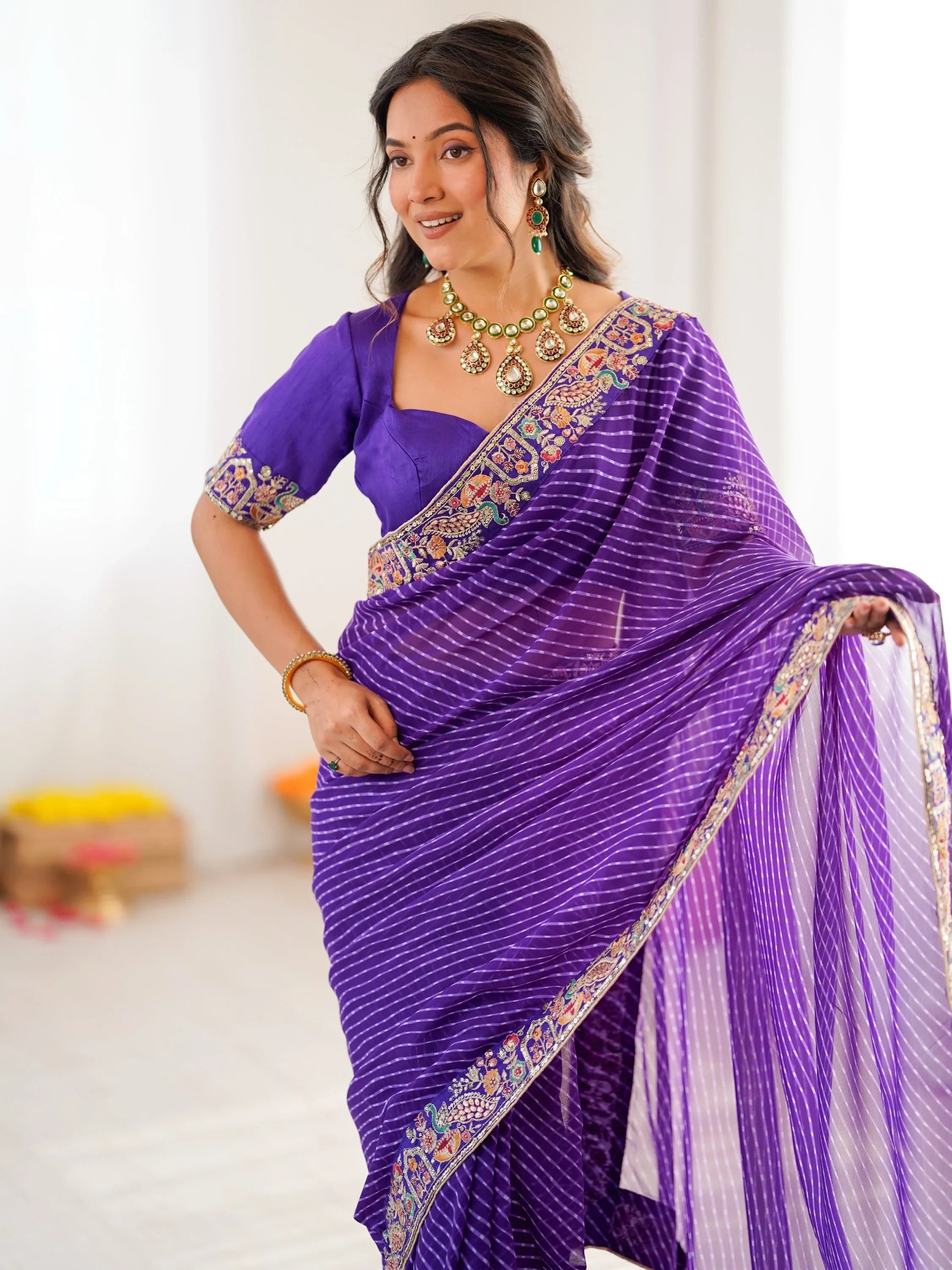 Purple Super Border Work Georgette Function Wear Saree With Blouse