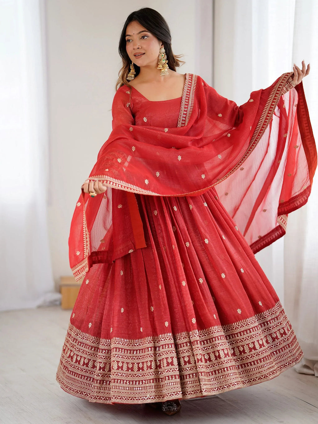 Fantastic Red Embroidered Silk Festive Wear Gown With Dupatta