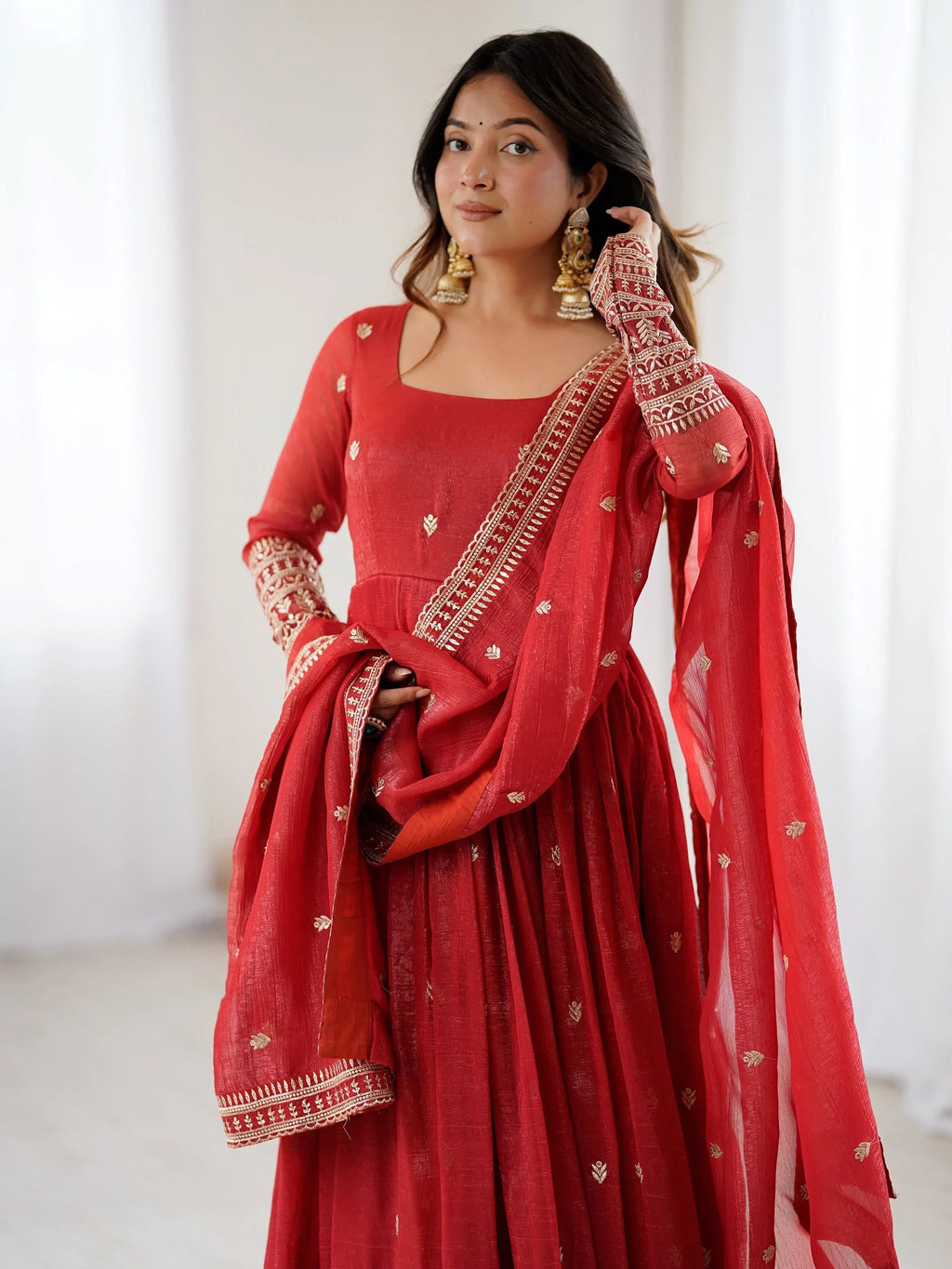 Fantastic Red Embroidered Silk Festive Wear Gown With Dupatta