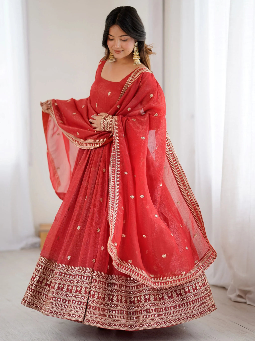 Fantastic Red Embroidered Silk Festive Wear Gown With Dupatta