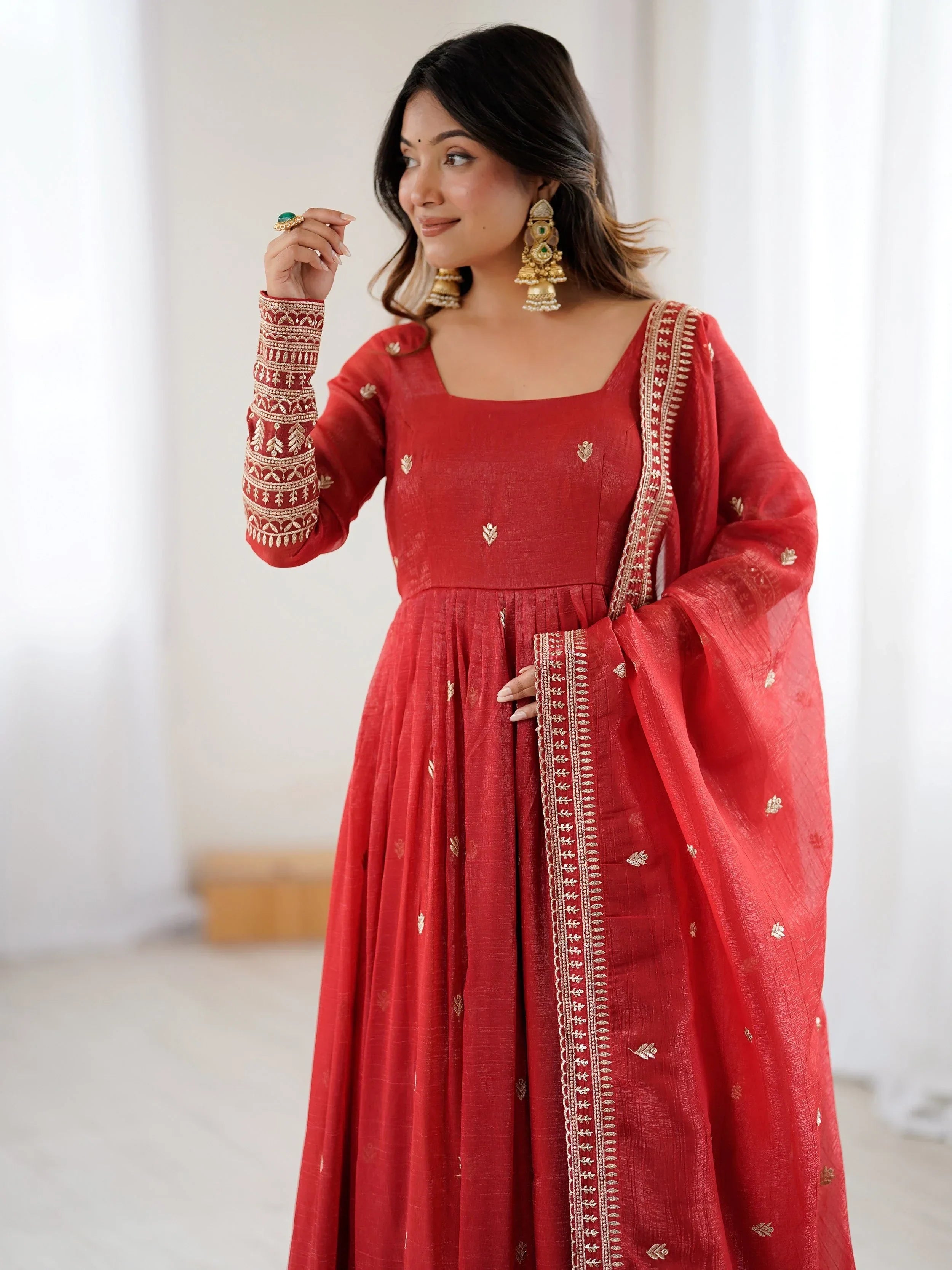 Fantastic Red Embroidered Silk Festive Wear Gown With Dupatta