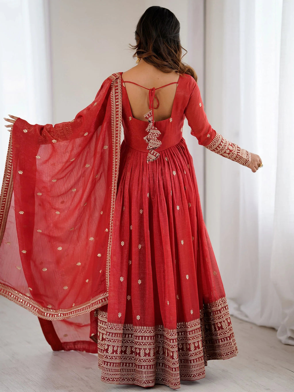Fantastic Red Embroidered Silk Festive Wear Gown With Dupatta