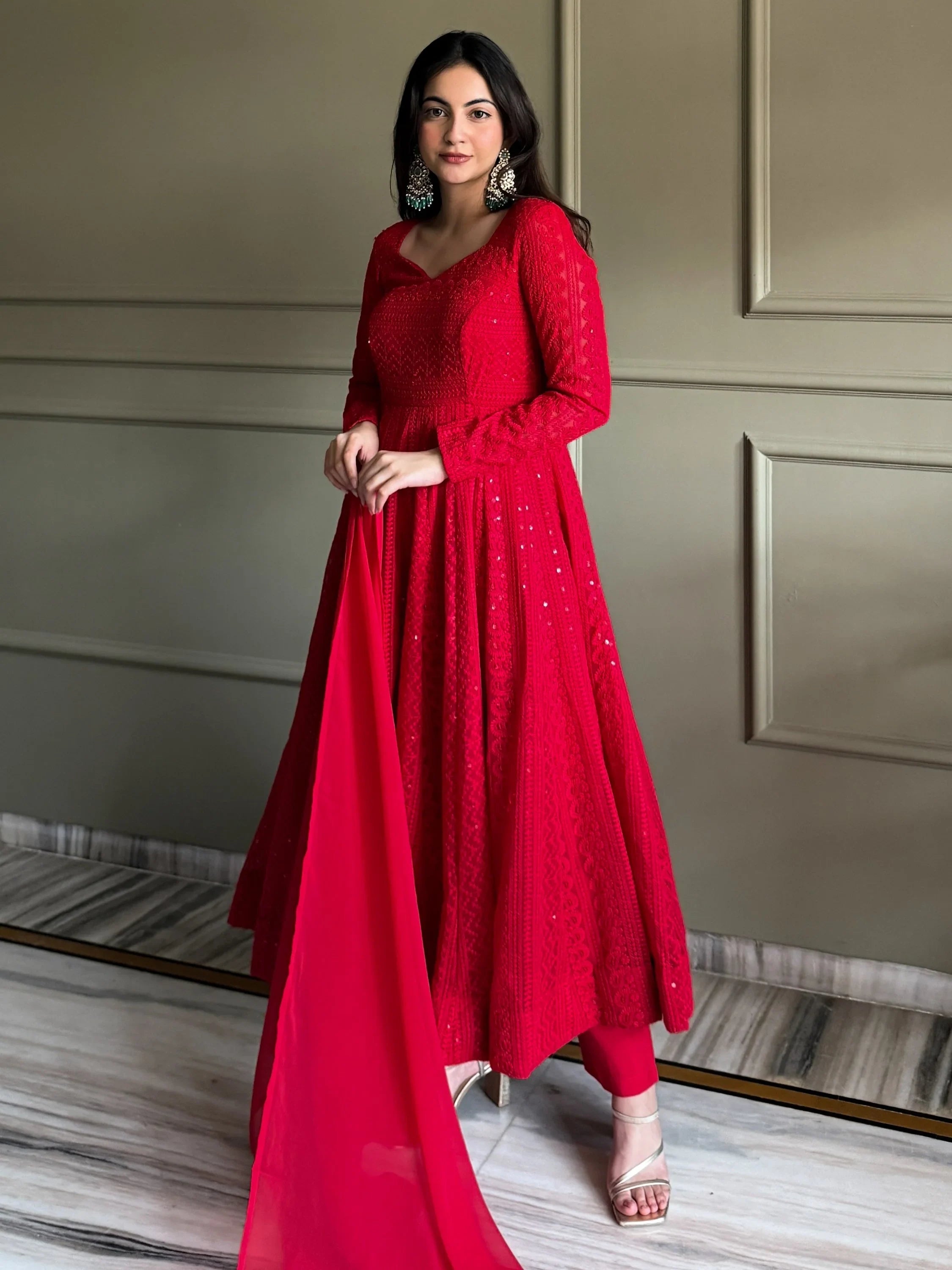 Red Amazeballs Thread Work Georgette Wedding Wear Anarkali Pant Suit